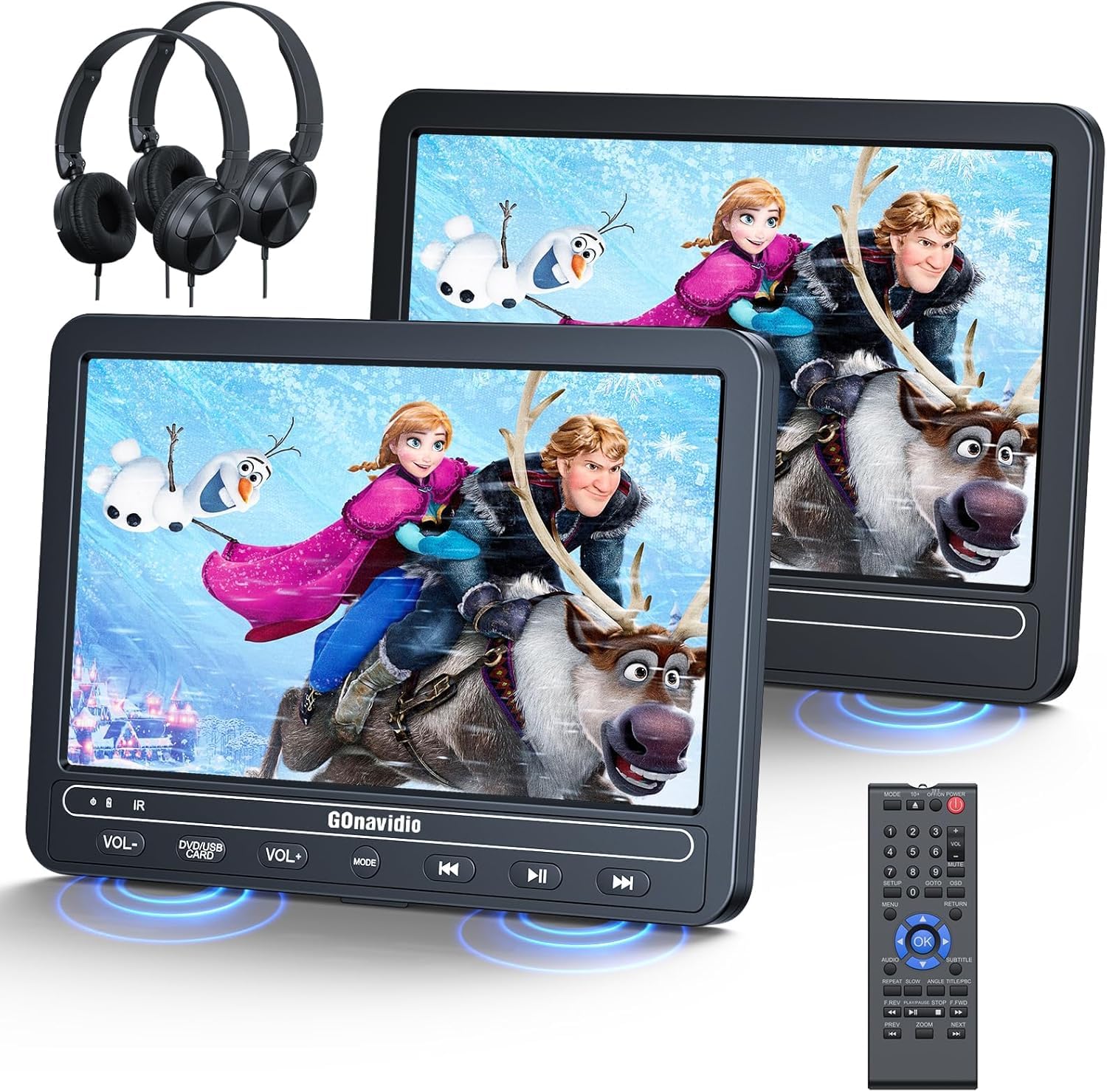 GOnavidio DVD Player Auto 2 Bildschirme 10,5" Mit 5 Stunden Akku 2 Kopfhörern Tragbarer Auto DVD Player Fernseher für Kinder TV, Unterstützt USB/SD, Regionsfrei (1 Player + 1 Monitor)