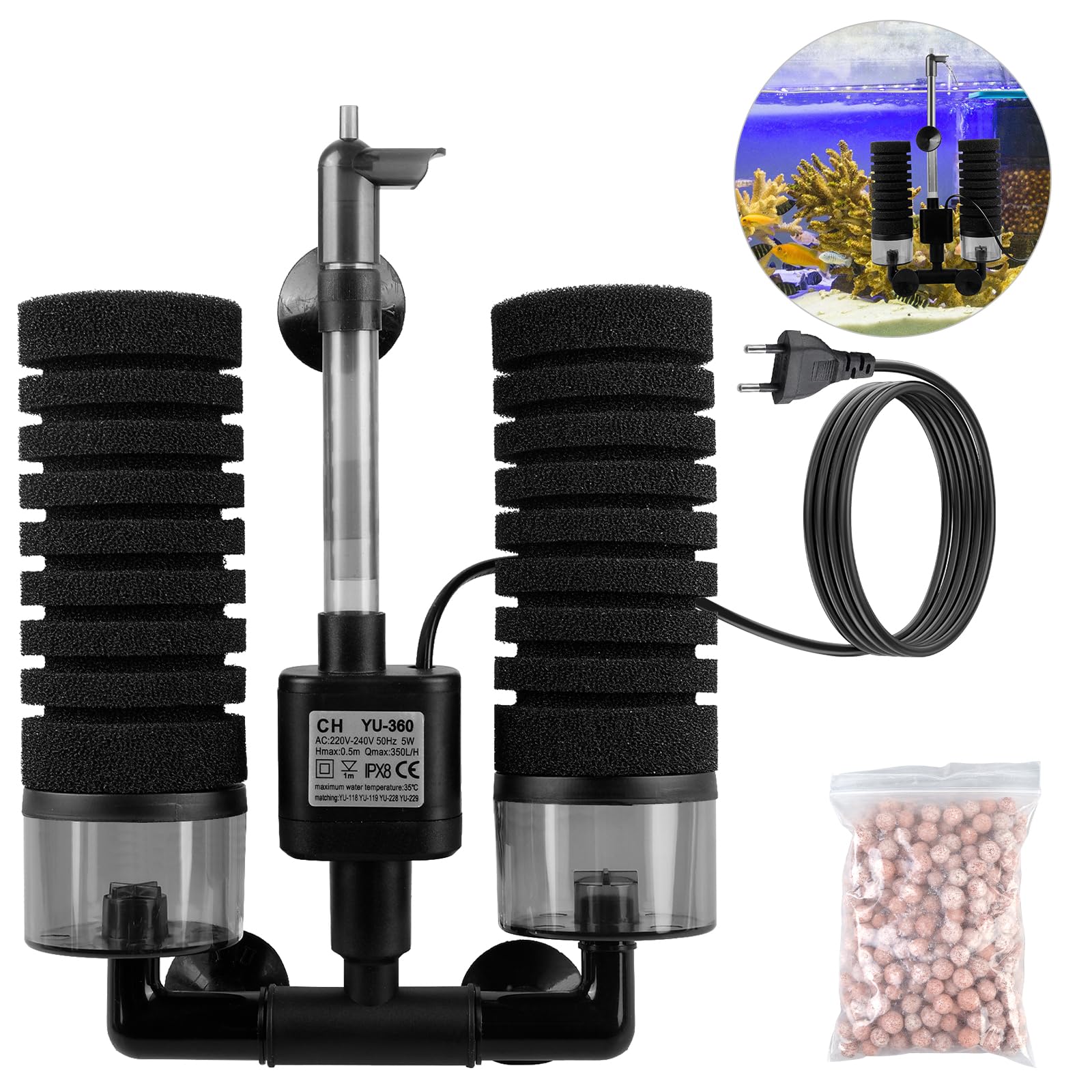 Filtro de esponja para acuario, filtro de espuma silenciosa, filtro de acuario con bola de filtro, filtro eléctrico para acuario, filtro silencioso de espuma de inmersión doble, filtro de acuario para