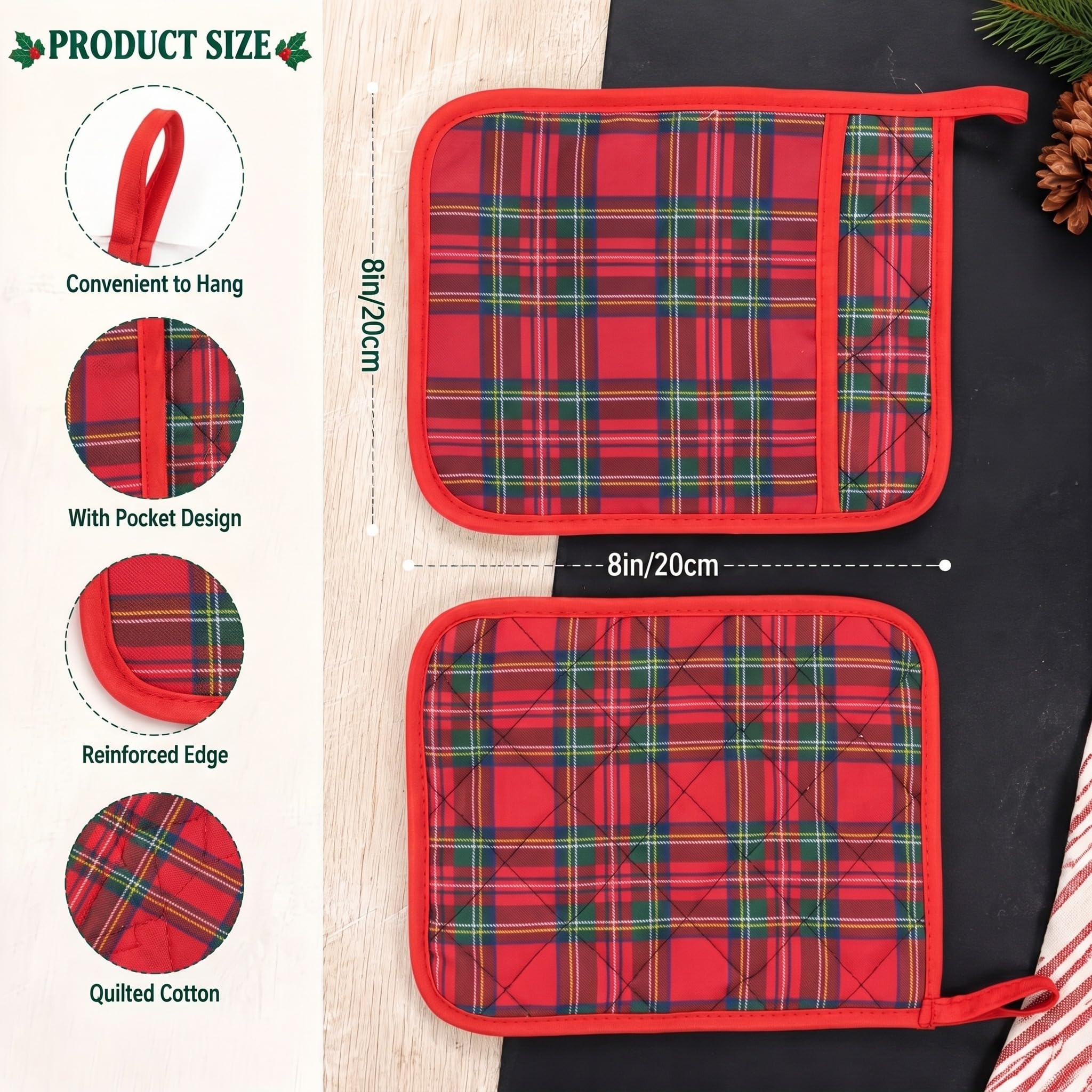 WILLBOND Lot de 12 maniques de Noël avec poche pour cuisine - Résistants à la chaleur - Pour la cuisson (rouge, vichy rouge)
