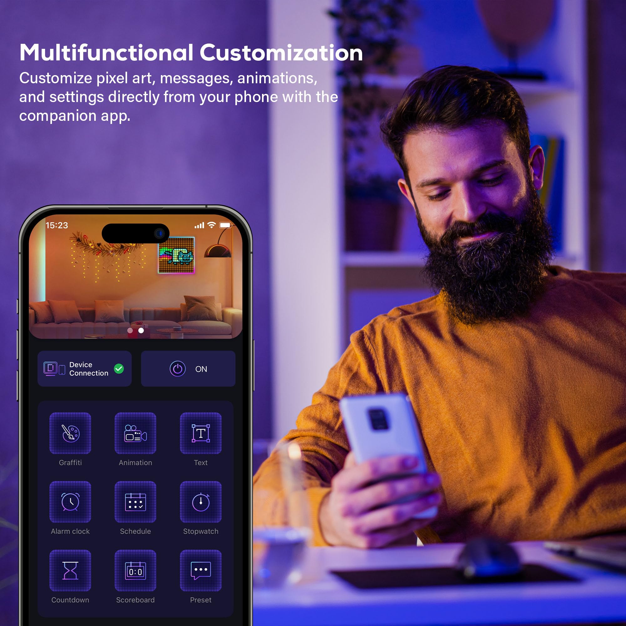 Tech Solutions Smart Bluetooth Pixel Frame - 32x32 programmierbares RGB-LED-Display für Kunst, Animationen, Digitaluhr, DIY-Dekor und Gaming-Zubehör
