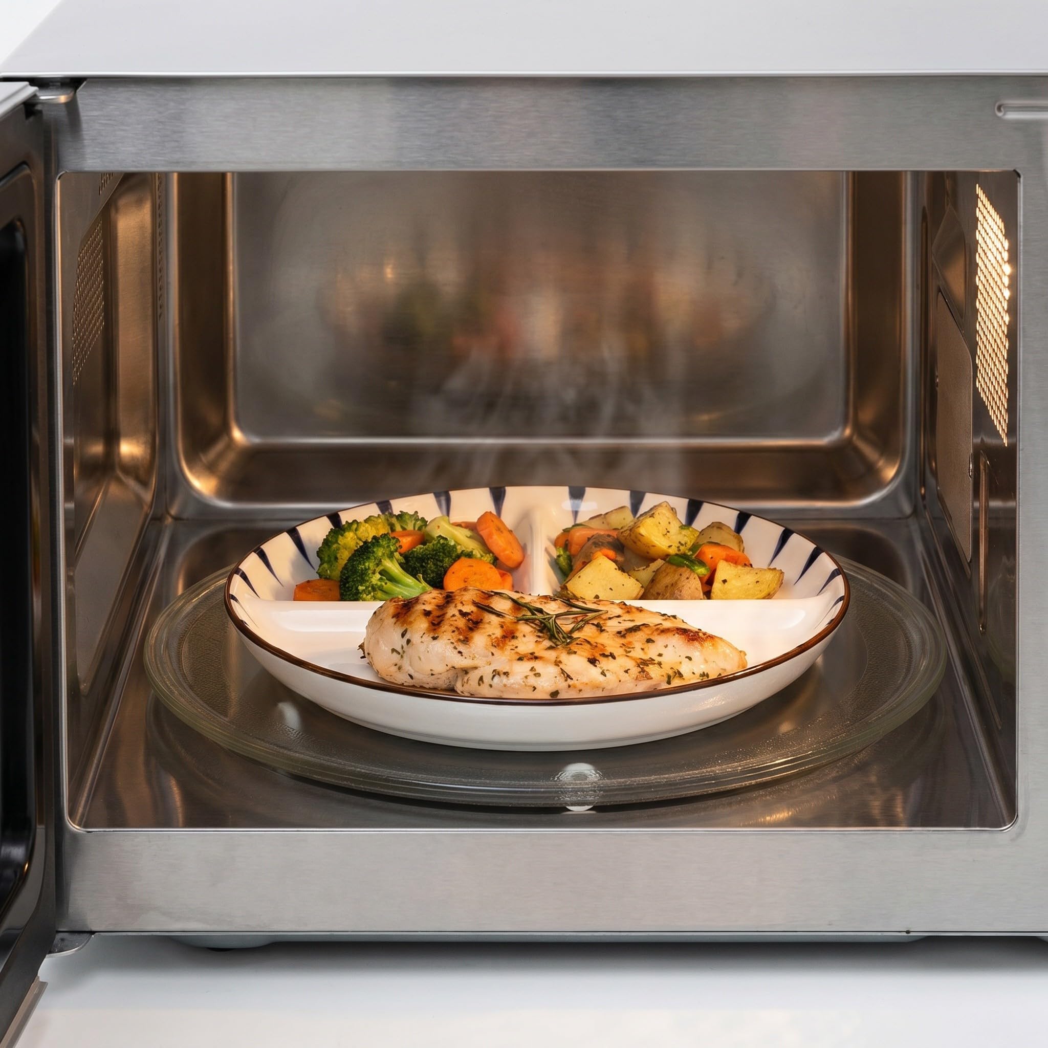 OUNONA 1 Ensemble de 3 Assiettes compartimentées de 20 cm (8 Pouces) en céramique pour Le contrôle des portions, Le Petit-déjeuner, Le déjeuner et Les salades. Compatible Micro-Ondes et