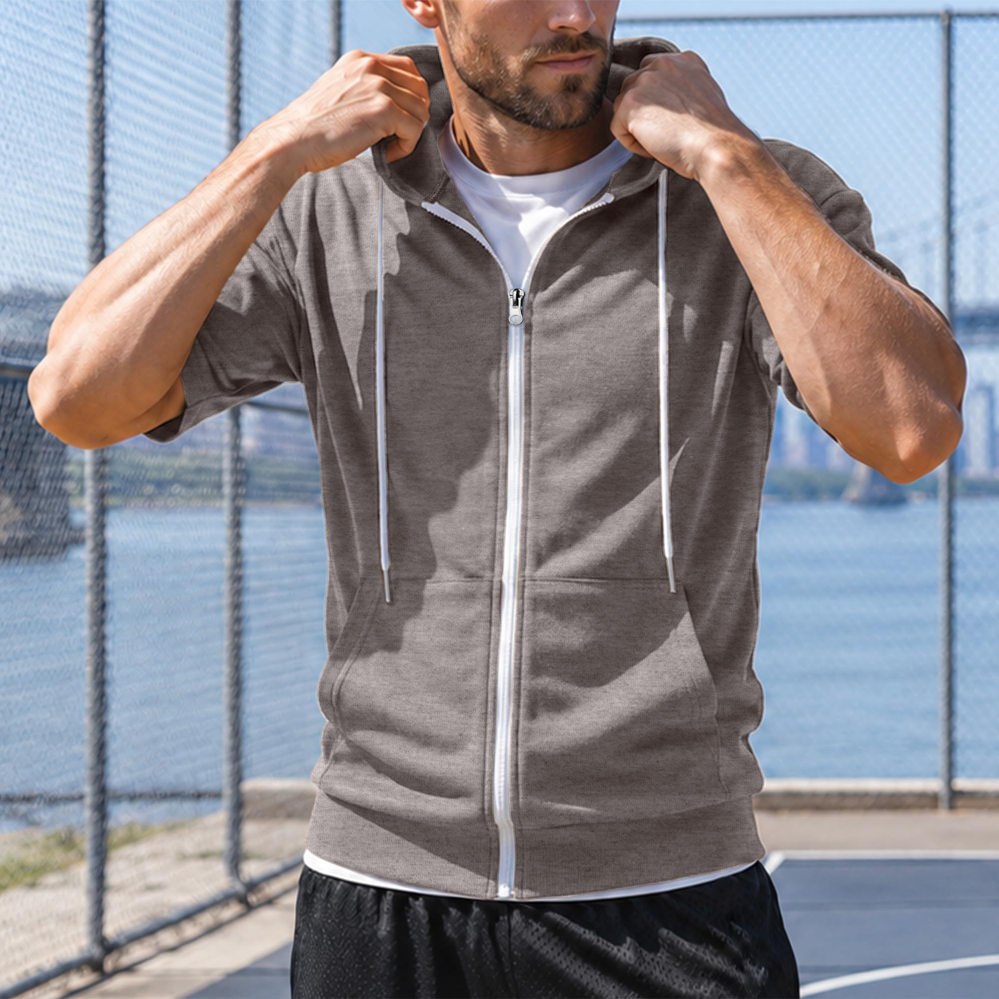 Ohoo Mens Slim Fit Zip up Hoodie Cotton Blend Soft Fabric Short Sleeve Lightweight Comfy Basic Jacket with Kanga Pocket product thumbnail 5