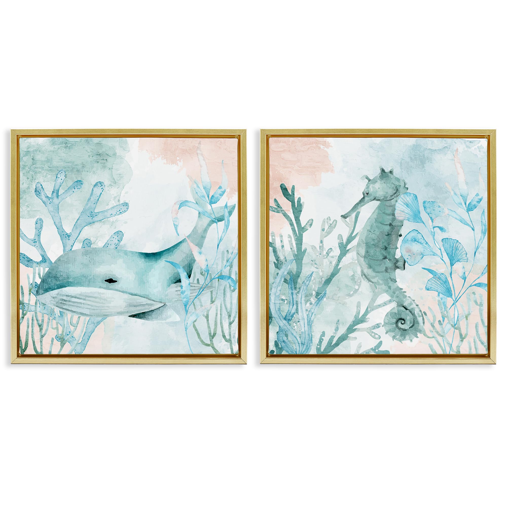 Stupell Industries Metallic Gold (Matte) 'Whale & Seahorse Sea Swim', 2Pc Floating Frame Art Set 2, Gold, 18 X 18 Inches, Easy To Hang And Sturdy, Made In Usa, By Kim Allen