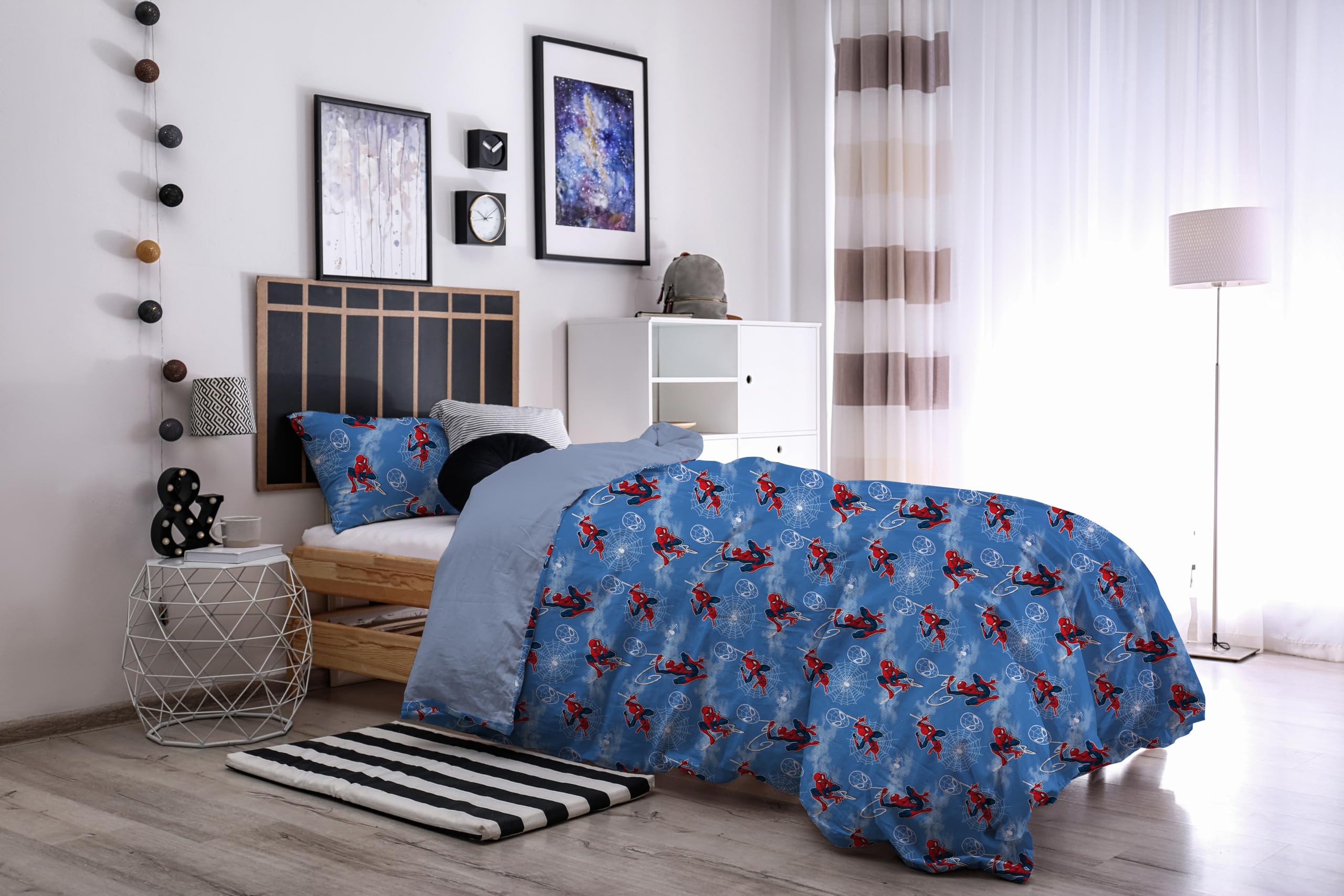 Spiderman, Set Copripiumino Singolo Cotone, Blu, Sacco 155x200, Federa 50x80, Marvel, 100% Cotone, Prodotto Ufficiale