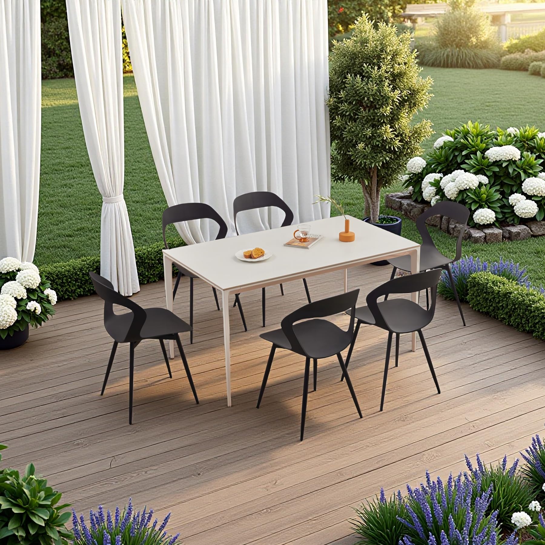 Juego de 6 sillas de jardín de plástico, sillas de terraza, asiento de plástico/patas de hierro metálico, adecuadas para jardín/invernadero/terraza/balcón (negro, 6)