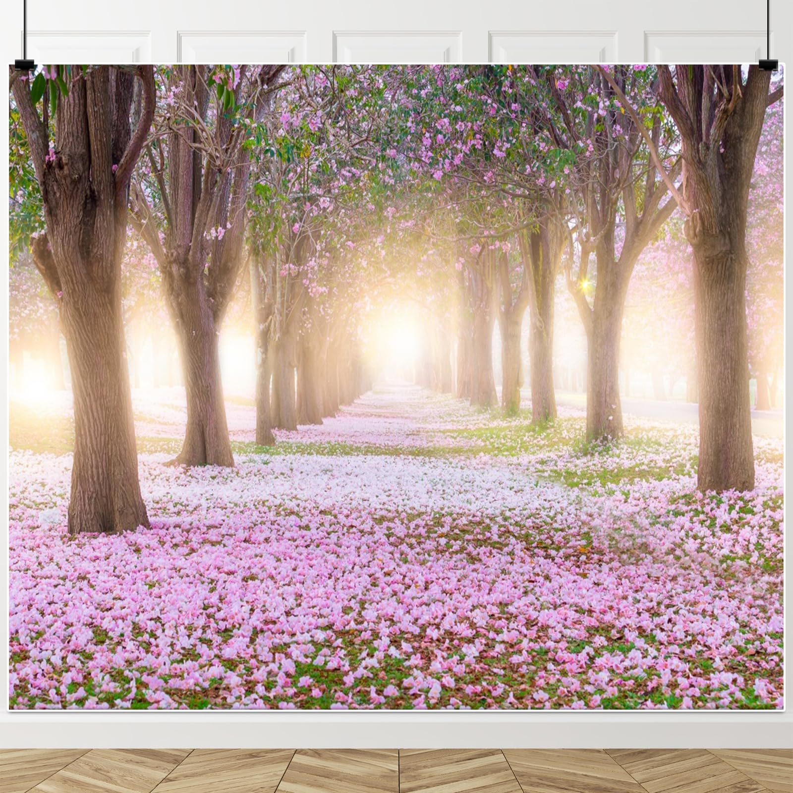 Spring Scenery Backdrop 10x8ft Garden Park Forest Trees Pink Flowers Blossoms Nature Scenery Photography Background Wedding Birthday Party Decorations Spring Theme Event Banner Photo Studio Props