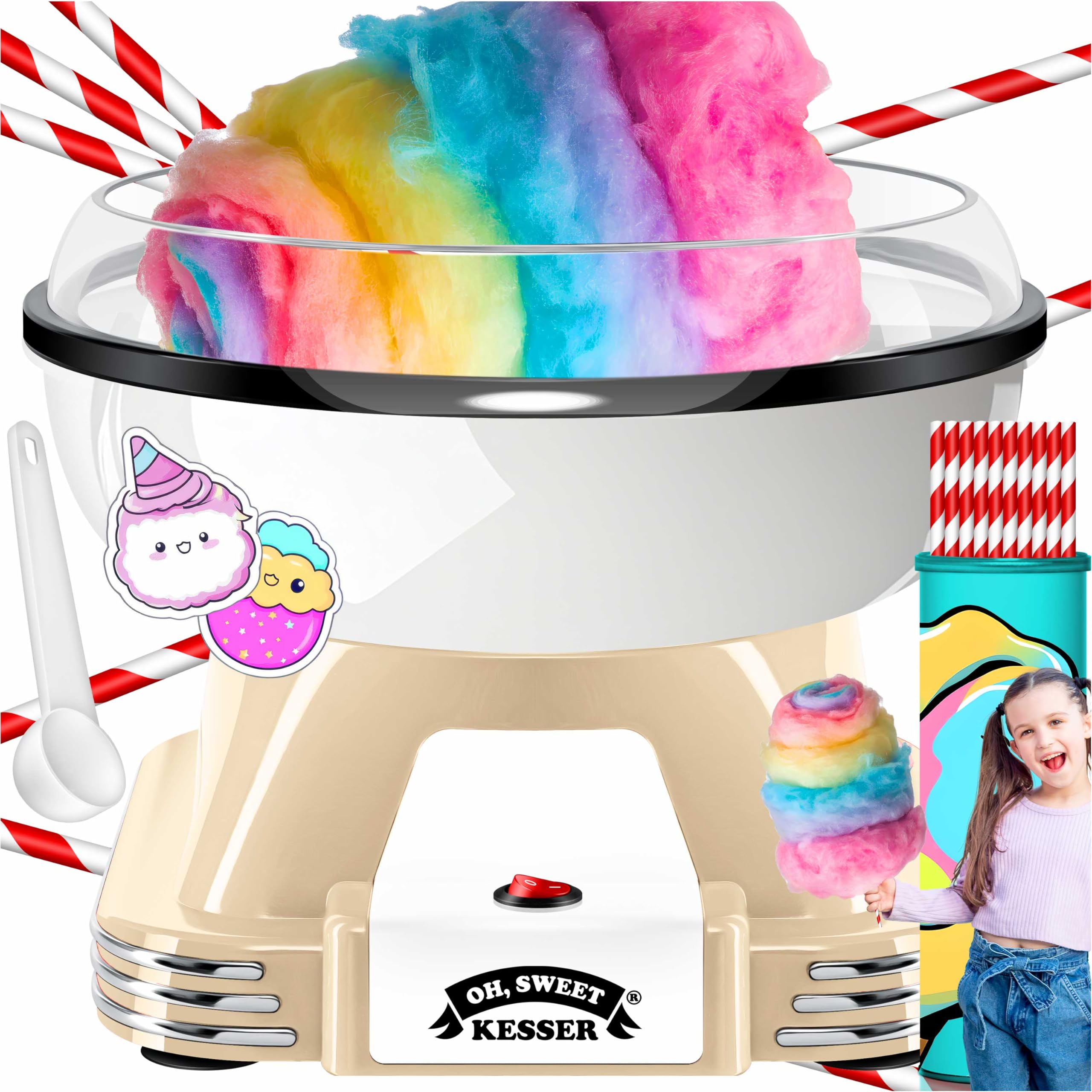 KESSER Zuckerwattemaschine Set – Creme Weiß, 500 W, Höhe 22 cm, inkl. 30 Stäbchen & Messlöffel, Retro-Design