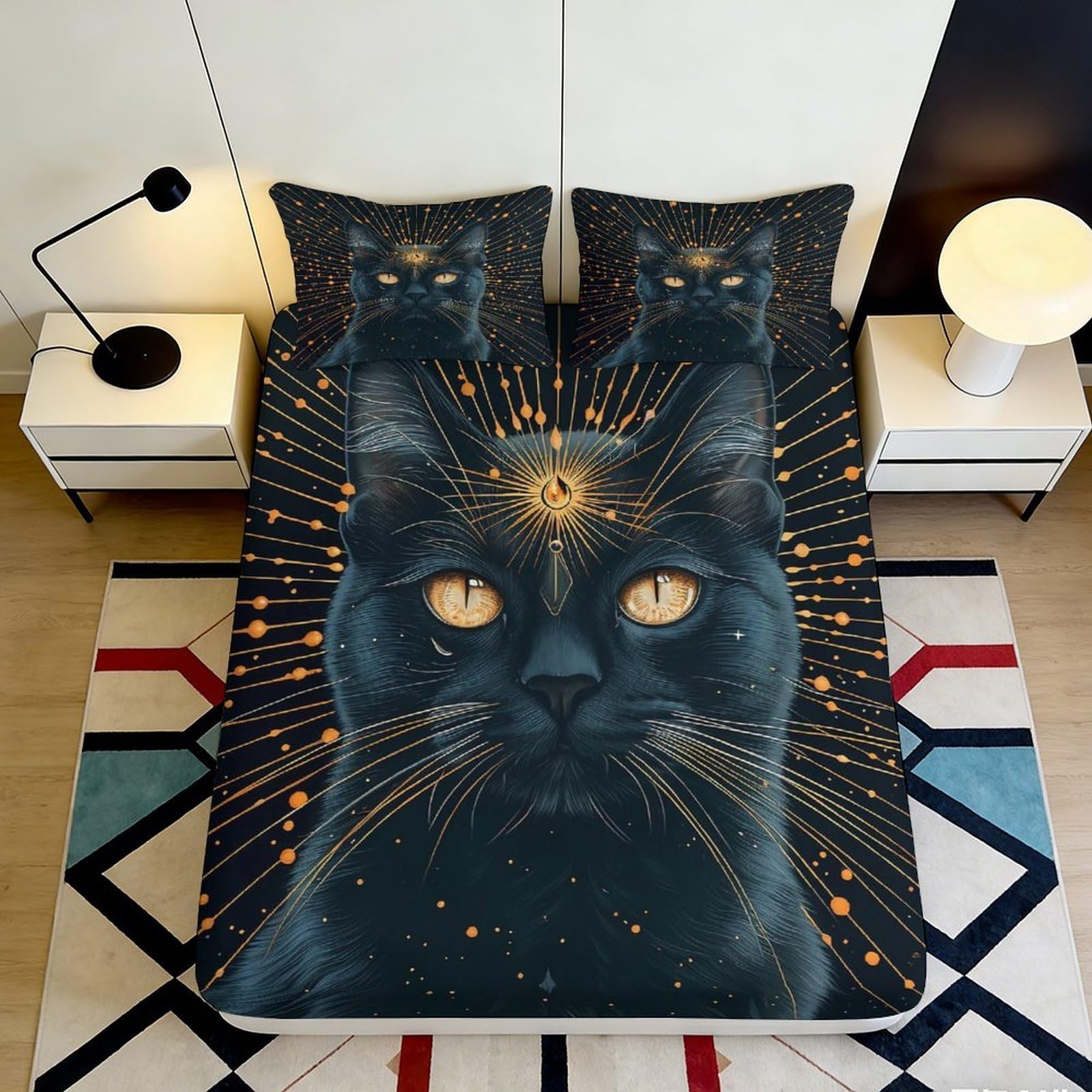 3D Printed Mystical Black Cat Fitted Sheet Microfiber Bedroom Decor Cosmic Eyes Mattress Cover Machine Washable 90x200x25cm