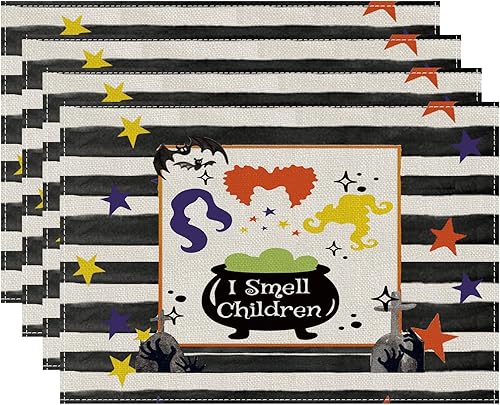 Juego de 4 manteles individuales de Hocus Pocus, a rayas, de Halloween, 12 x 18 pulgadas, decoración de mesa para el hogar, comedor, decoración de