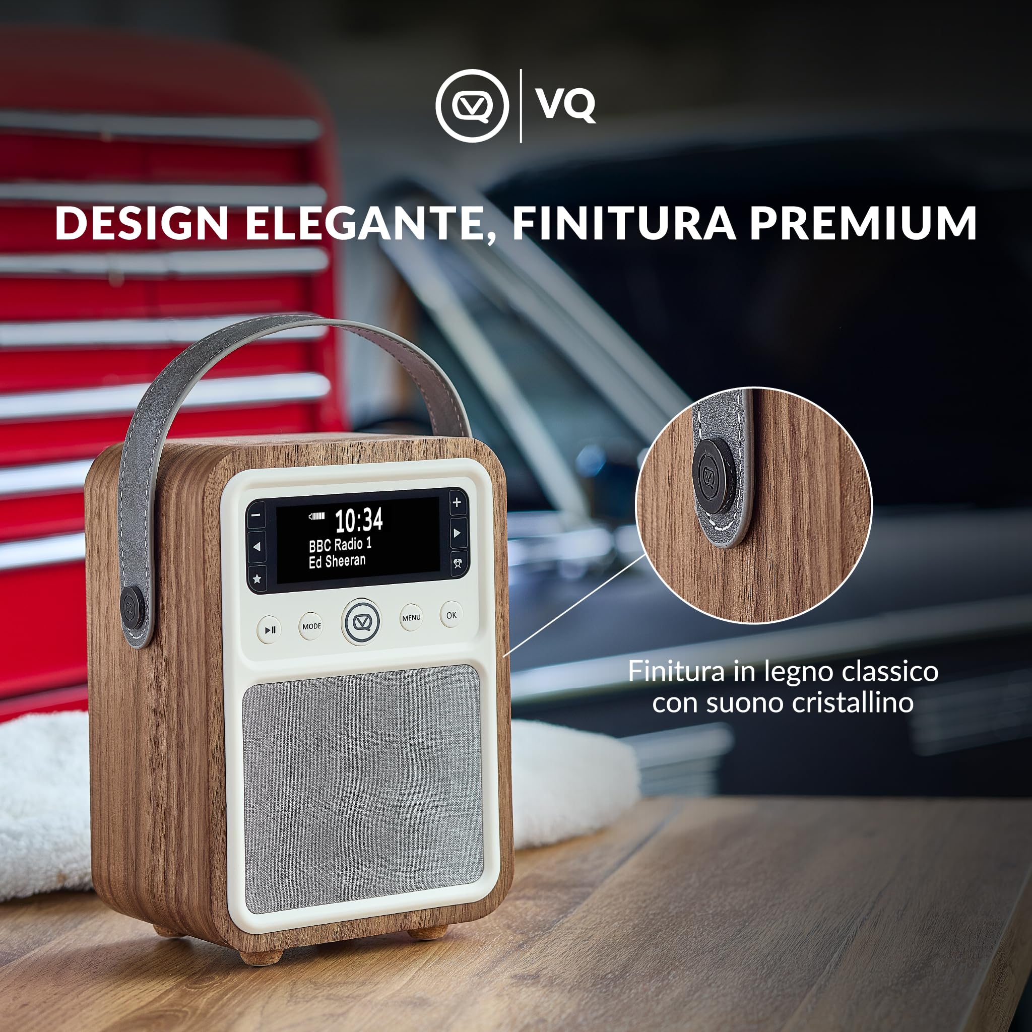 VQ Monty Radio DAB Plus/DAB con Cassa Bluetooth, FM e Radio Sveglia Funzione - Alimentata da Rete e Batteria Radio Portatile Vintage con Antenna, Presa Cuffie e Porta USB - Noce