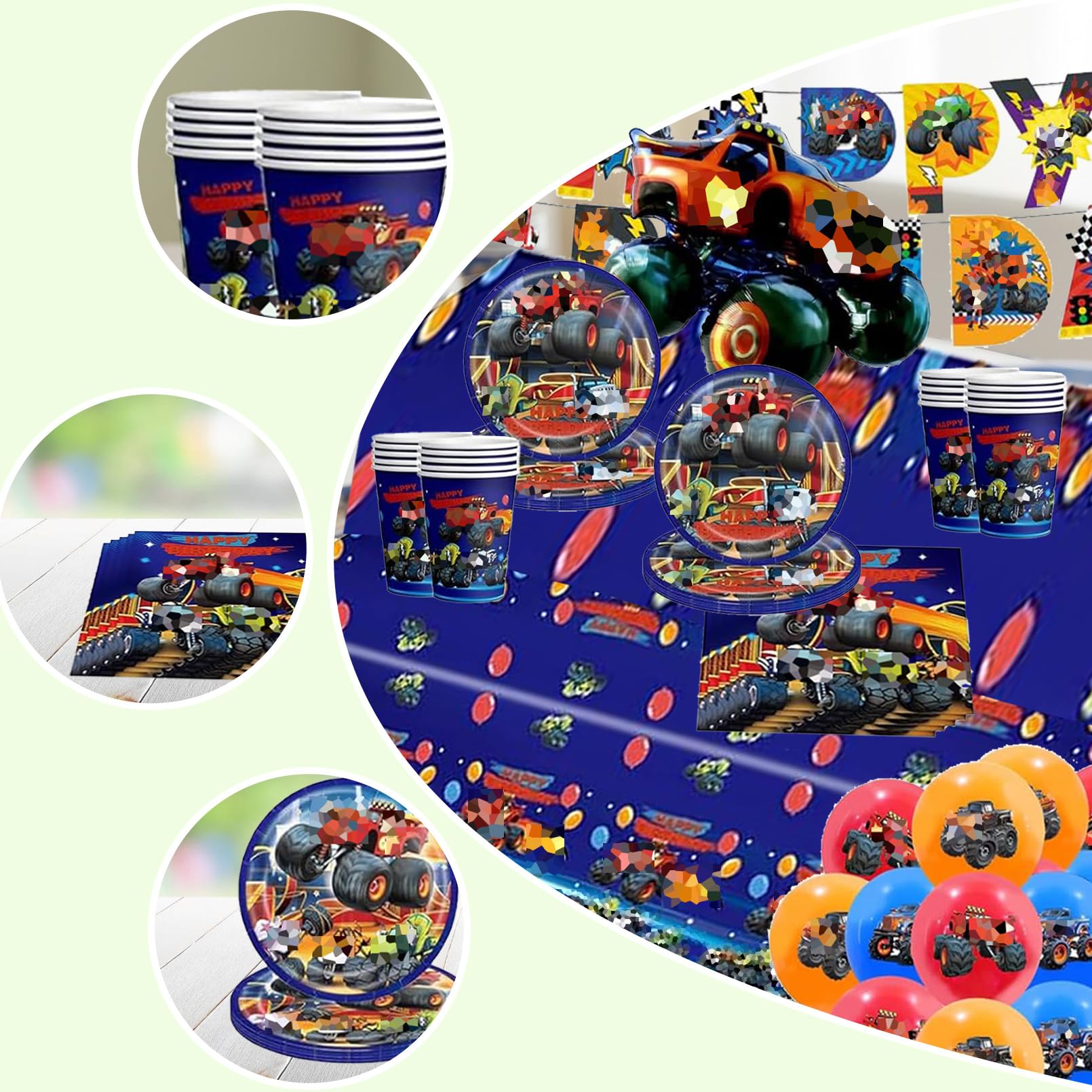 98 Pezzi Monster Truk Stoviglie per Feste di Compleanno，Addobbi Compleanno Monster Truk，Cars Tovaglioli, Tovaglia, Cars Piatti di Carta，Adatto a 10 persone
