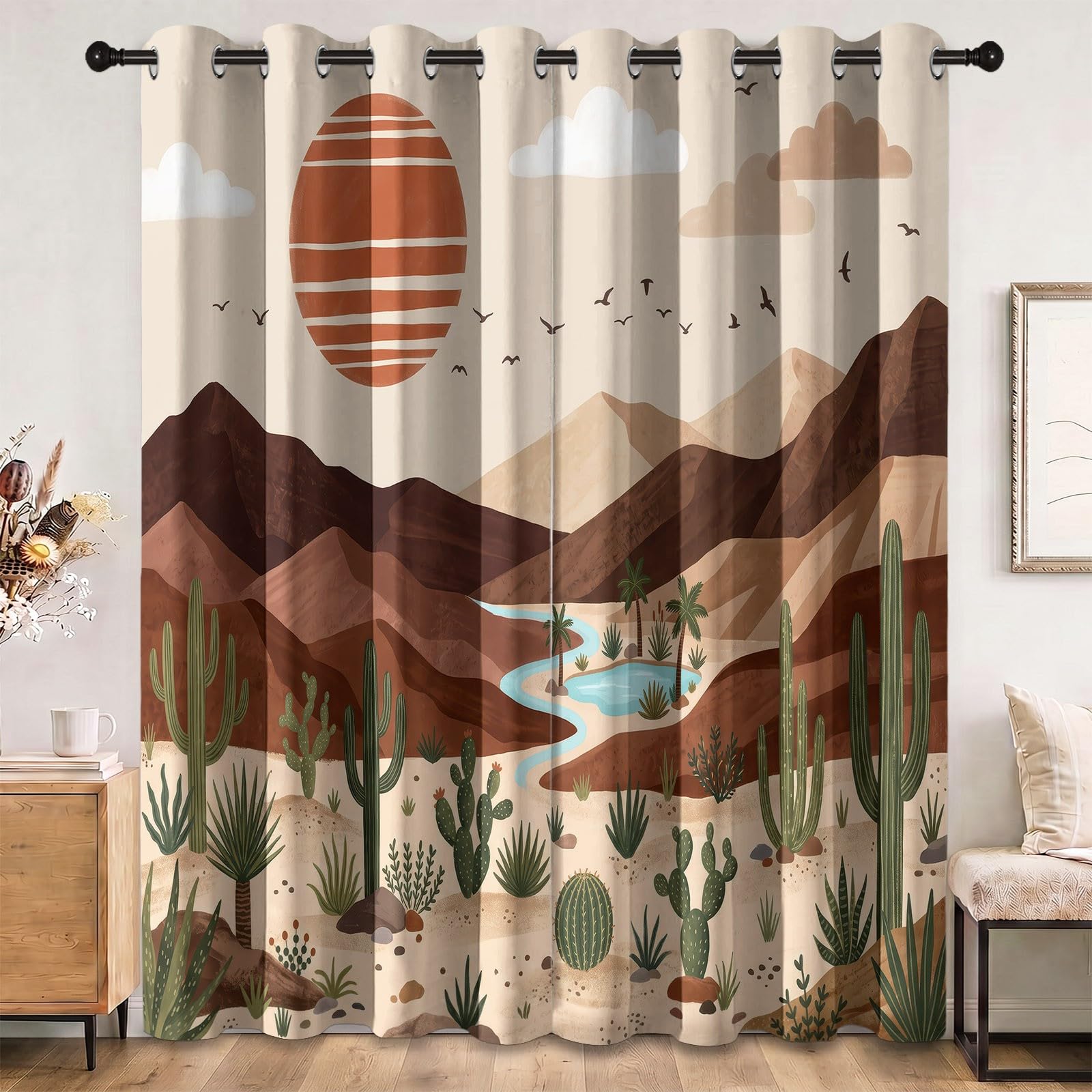 Generisch Verdunkelungsvorhänge mit Wüste Berge Kaktus Sonne Print, Natur Minimalistisch Vorhänge für Wohnzimmer Schlafzimmer, Schalldicht Wärmeisolierend Braunes Vorhang, H215 x B110 cm x 2