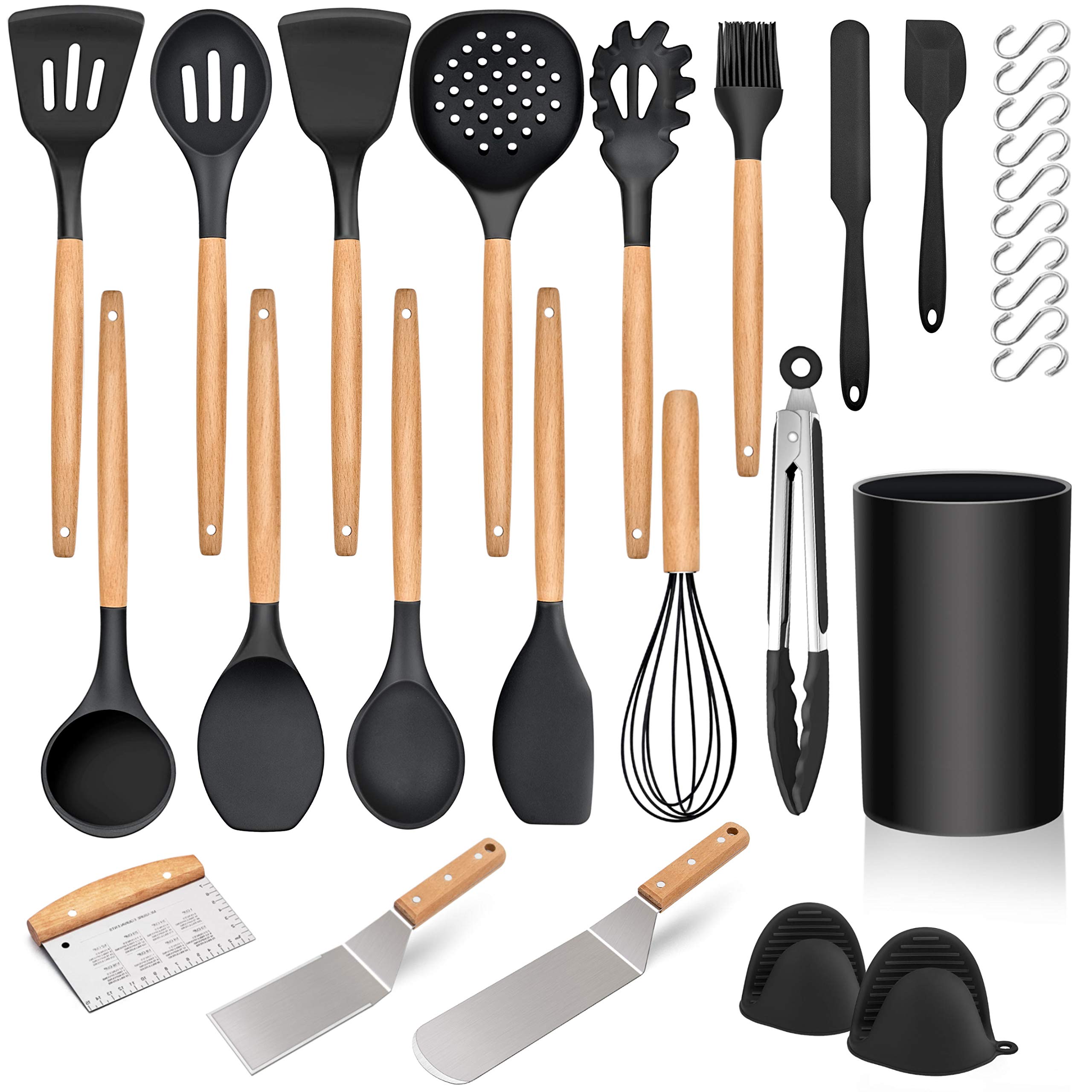 Homikit 30 Piece Kitchen Cooking Utensils with Holder, Heat resistant Silicone Spatula Set for Nonstick Cookware, Plus Met...