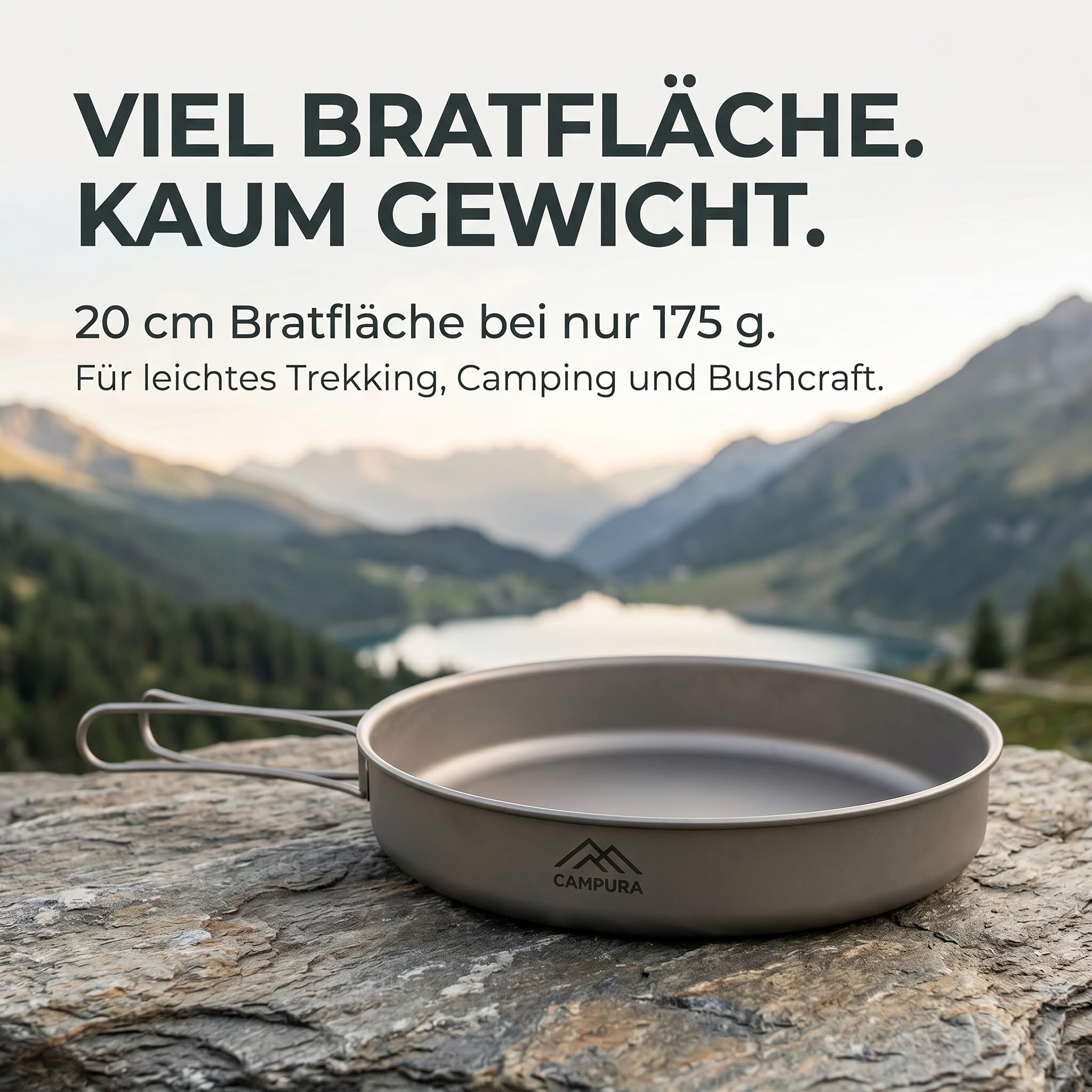 Titan Bratpfanne 20cm mit Klappgriff und Transportbeutel - 175g Ultraleichtes Campingkochgeschirr aus Titan für Outdoor, Trekking und Bushcraft - Kompakte Pfanne für Outdoor