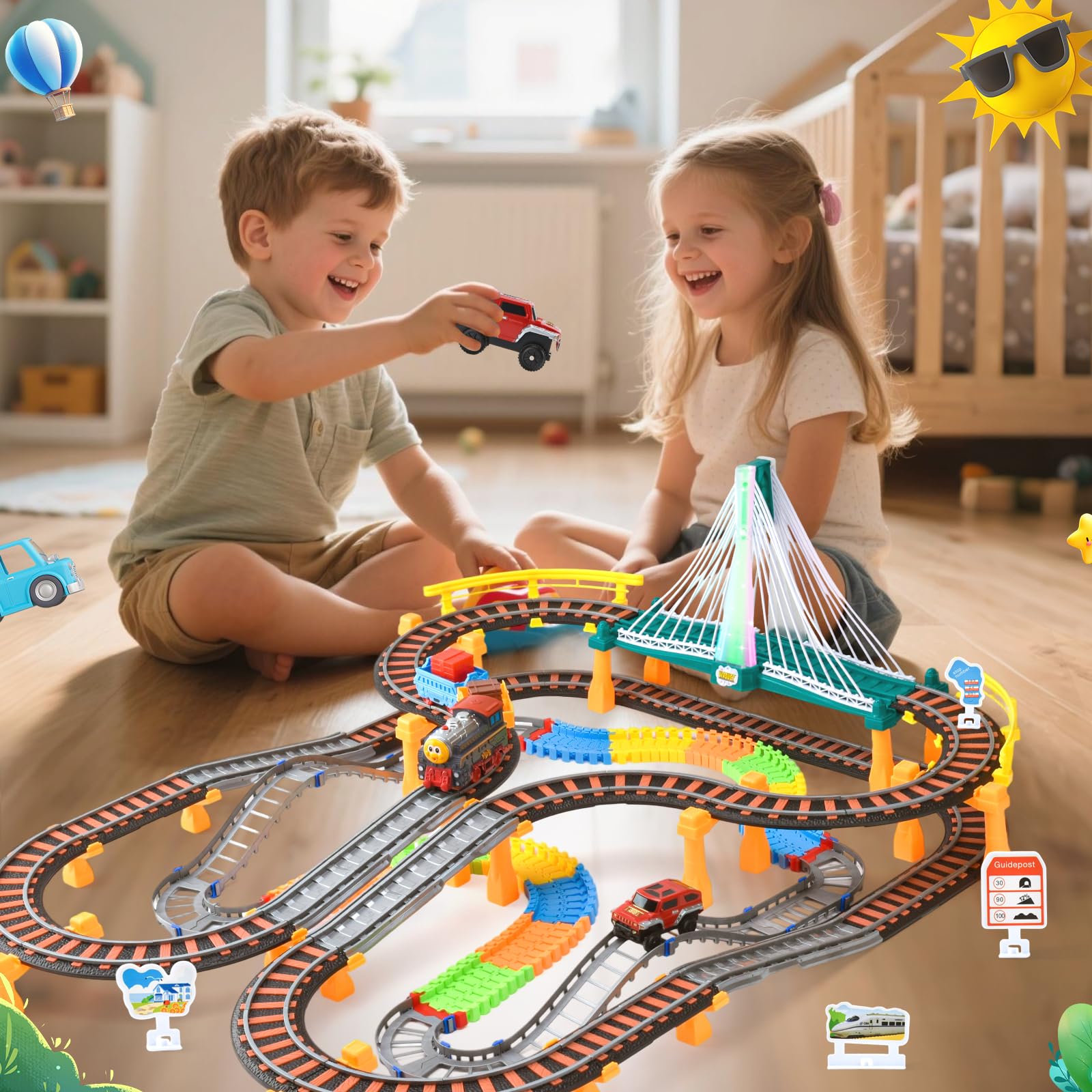Trenino Elettrico per Bambini, 215 PCS Piste Macchinine per Bambini, Giocattolo Auto Pista Flessibile, Piste per Automobili con Ponte, Regalo Natale Compleanno 3-12 Anni