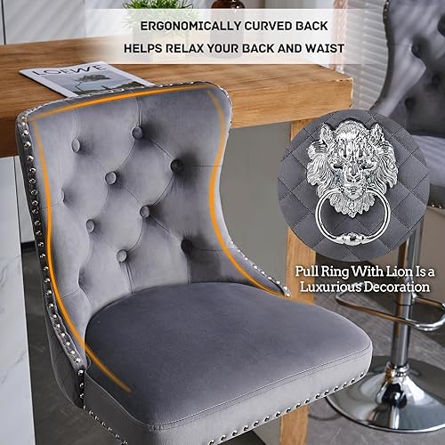 Miniatura 6 de Juego de 2 taburetes de bar modernos con respaldo copetudo con tirador de anillo, taburetes altos giratorios ajustables de terciopelo con base