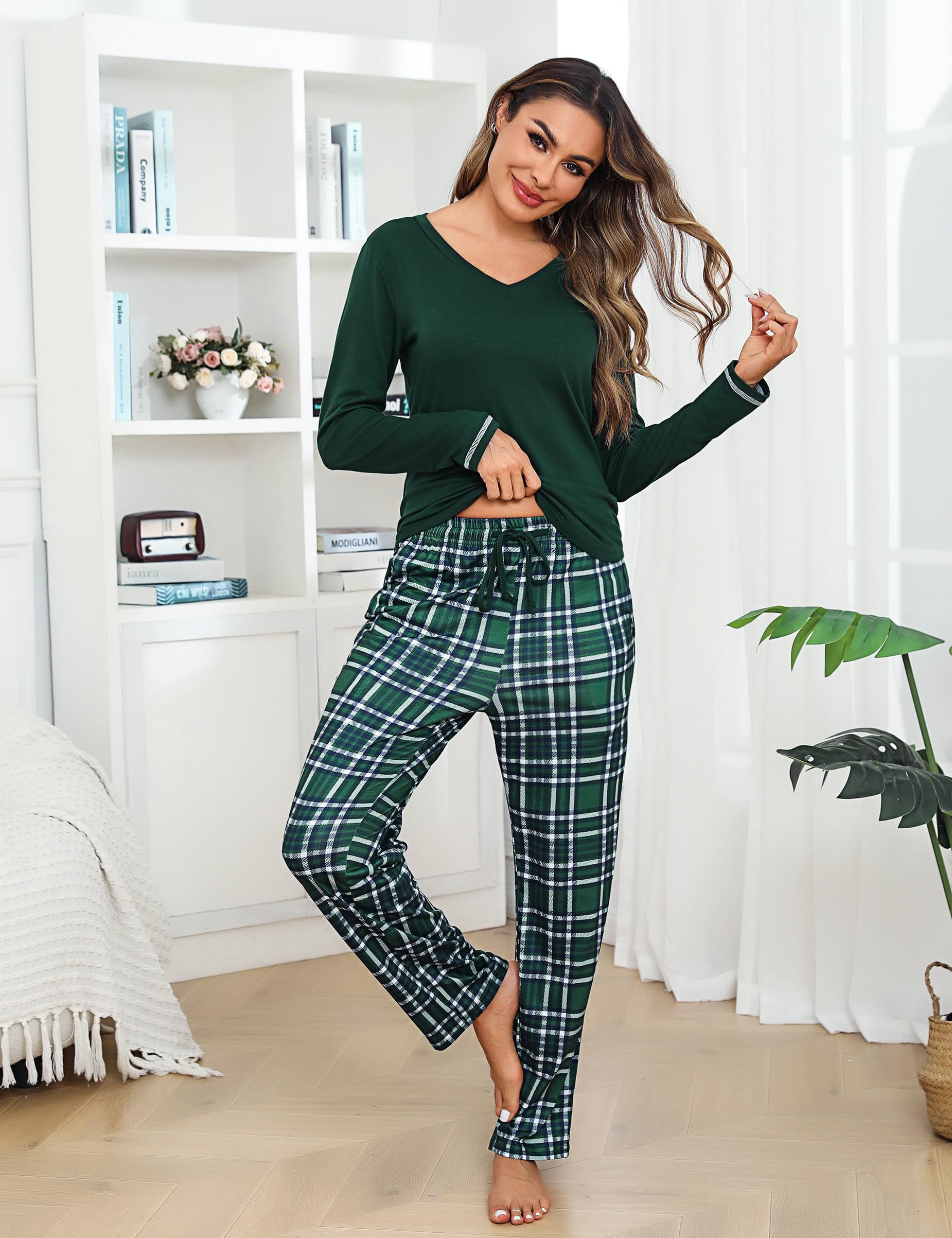 Litherday Pigiama Donna Invernale in Cotone Due Pezzi con Maglia a Manica Lunga e Pantaloni a Quadri Scollo a V Comodo per Casa Autunno Inverno S-XXL