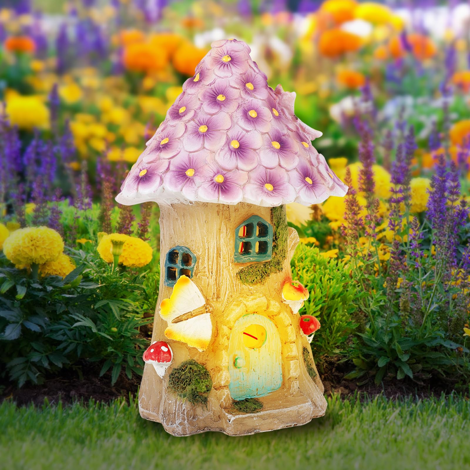 Ghshanog Garden Ornaments Outdoors,Solar Fairy Mushroom Houses, IP44 Waterproof Outdoor Decoration Accessories,Resin Garden Cottage Statue for Indoor Outdoor Decor(Pinkness)