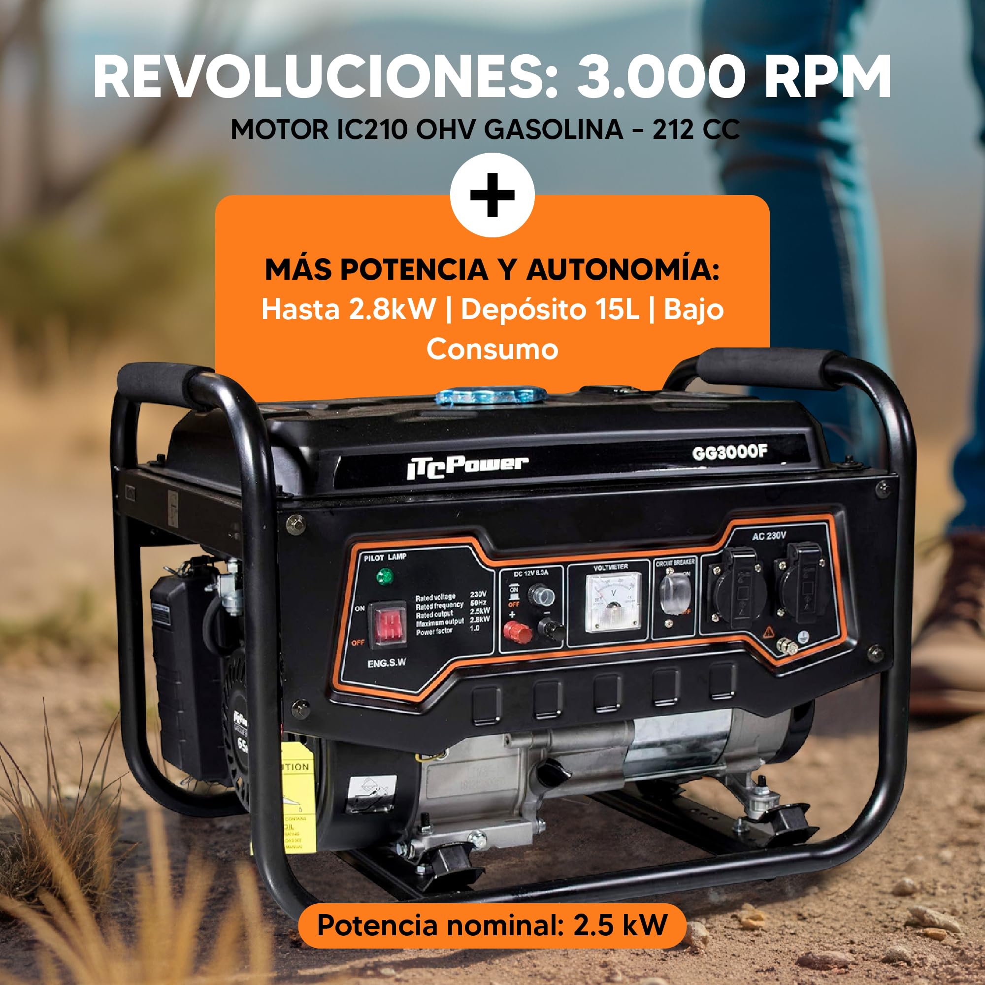 ITCPower Generador Gasolina Silencioso 2,8KW para Emergencias Domésticas - Generador Eléctrico Portátil 230V para Herramientas y Camping - Generador 4 Tiempos con Gran Autonomía y Bajo Ruido