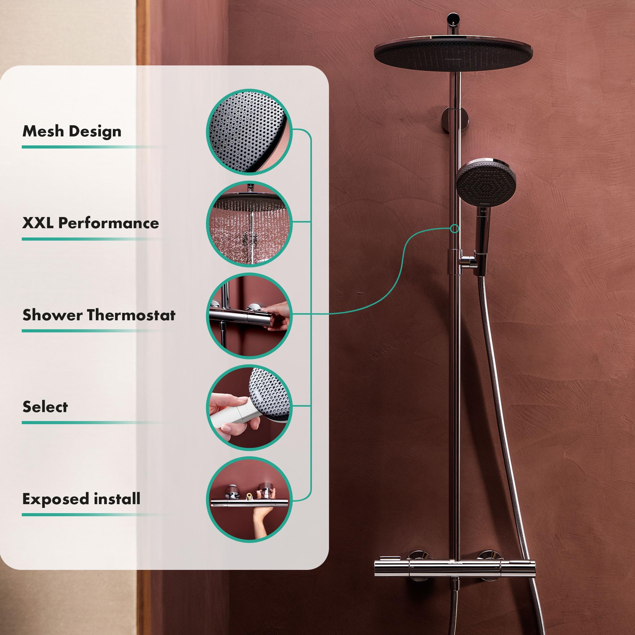 hansgrohe Raindance Alive S Puro - sistema de ducha con termostato, ducha lluvia (300 mm) con grifo, ducha de mano (3 tipos de chorro), flexo, barra, ducha fija redonda, blanco mate, 24592700