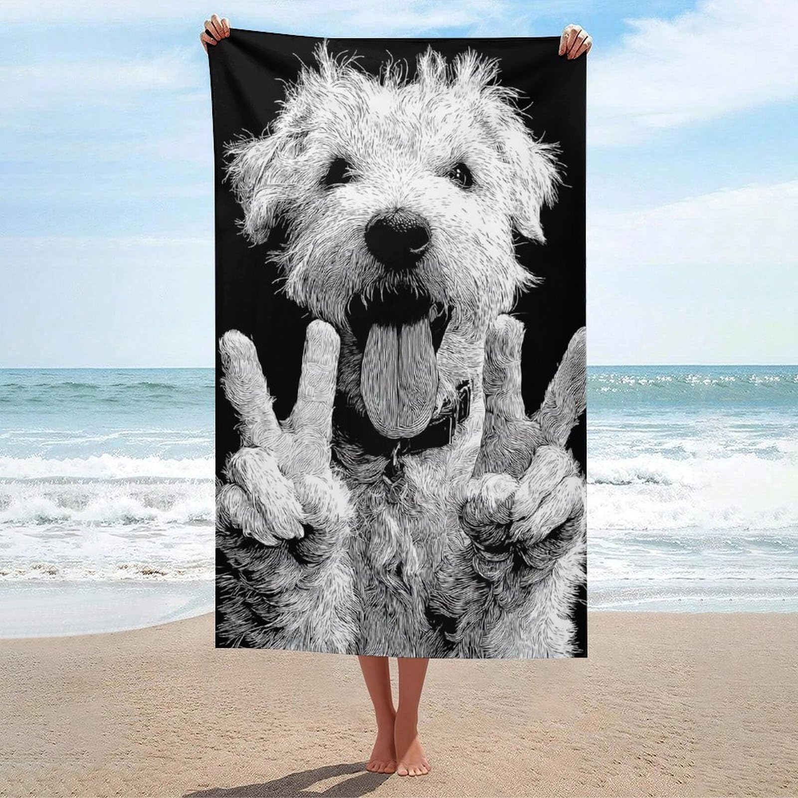 asbwuo White Dog Holding Two Peace Signs Beach Towel