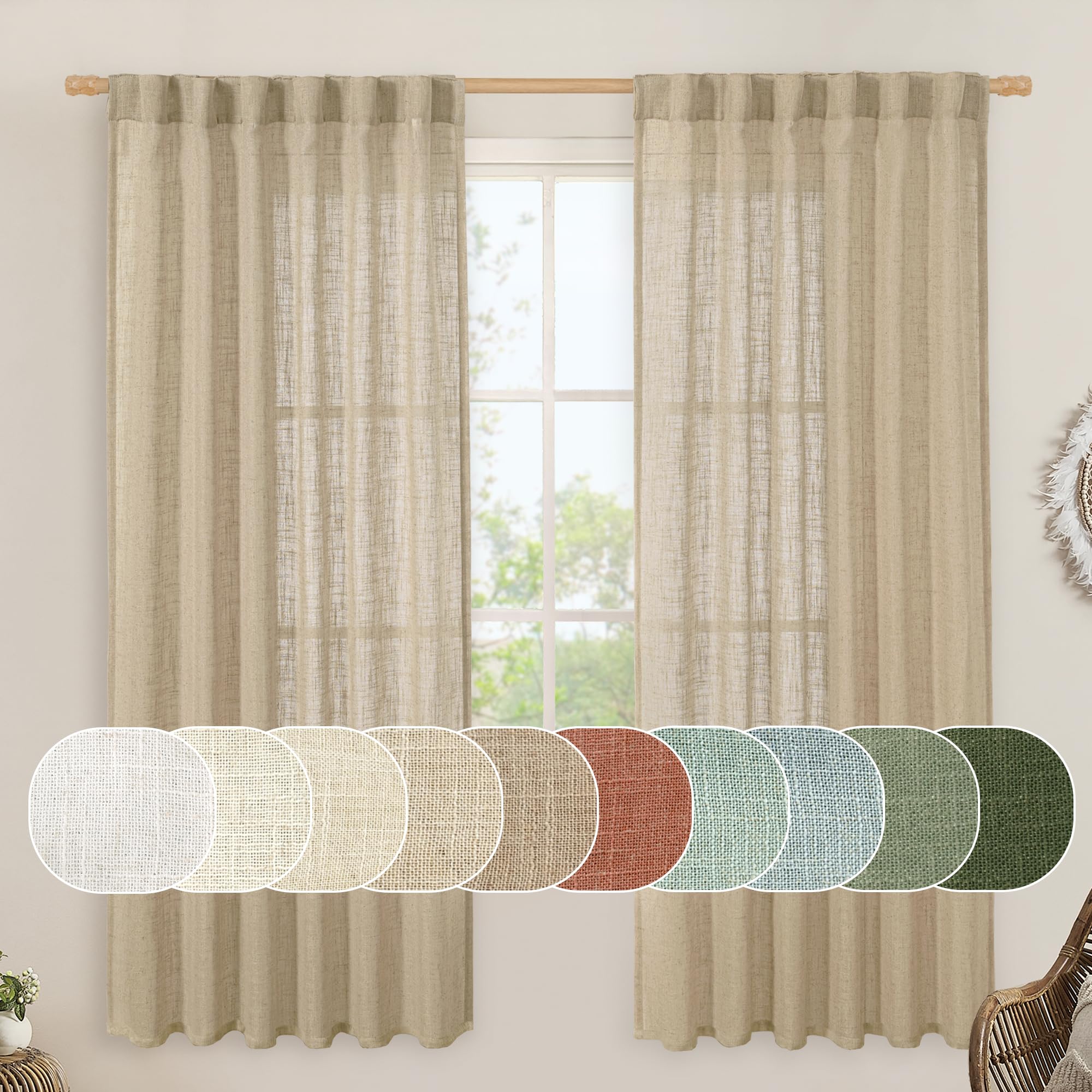 LAMIT Linen Blended Curtains for Bedroom, Faux Linen Textured Light Filtering Drapes Back Tab and Rod Pocket Boho Burlap Panels for Farmhouse/Living Room, 2 Panels, 52 x 72 Inch, Brown