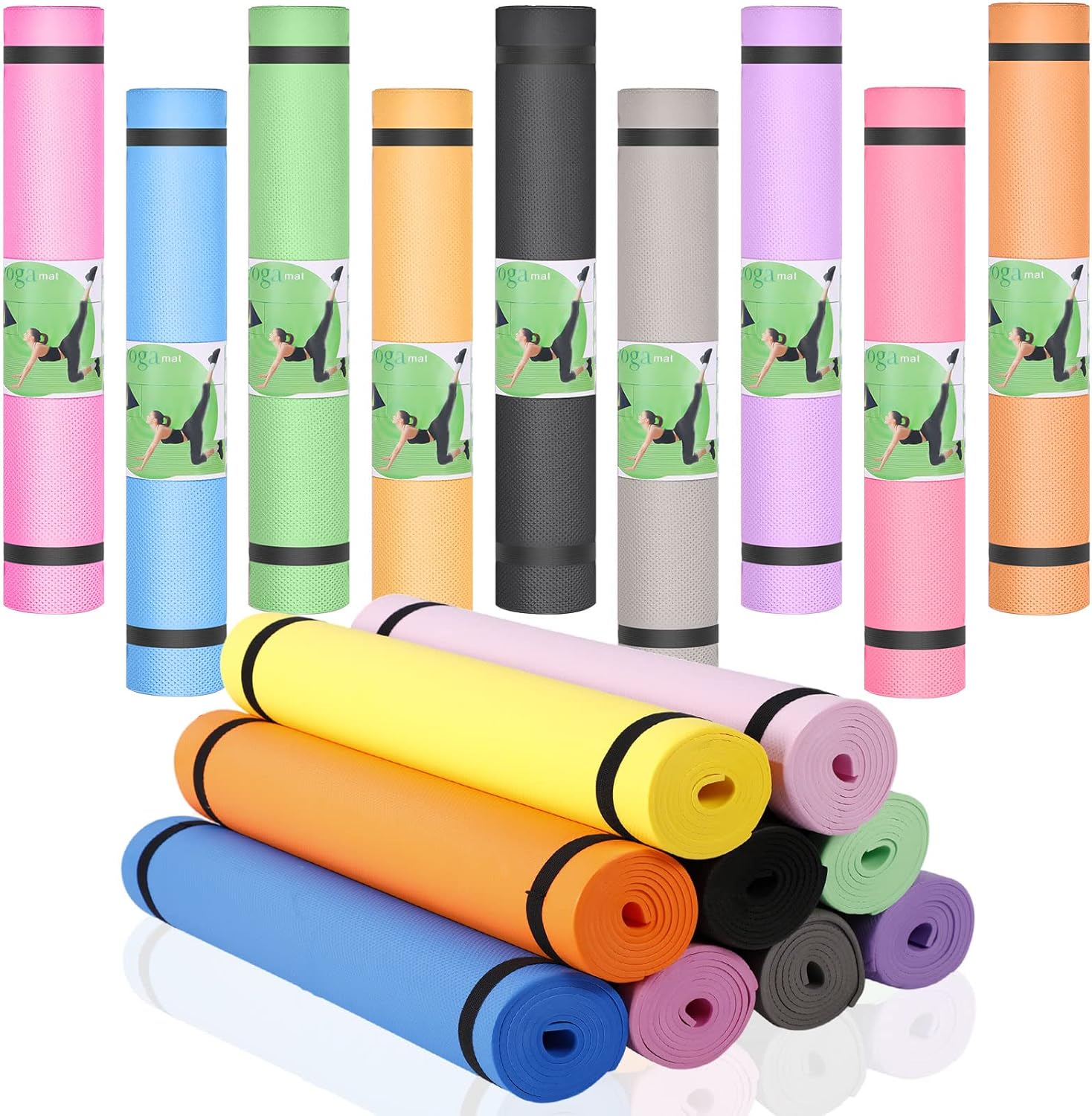 Funtery 9 Pieces Yoga Mats Bulk Non Slip Exercise Mat with