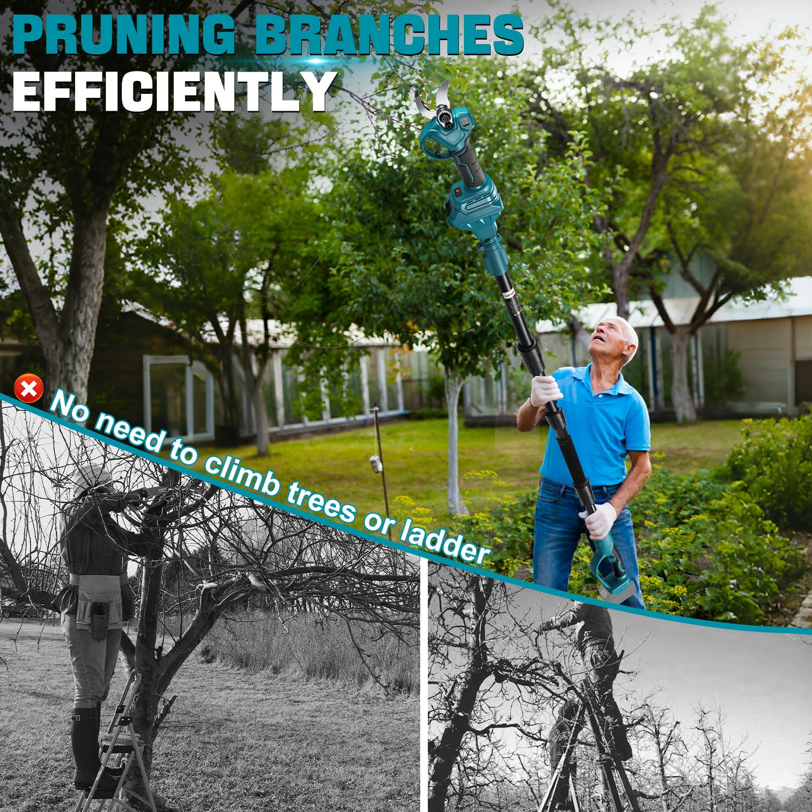 Akku Astschere Mit 2.0M Teleskop für Makita 18V (ohne Akku) 1000W | Bürstenlose Gartenschere Öffnung 45mm, Max 30mm Schnittdurchmesser, LCD Display Elektrische Schere zum Sträuchern und Ästen