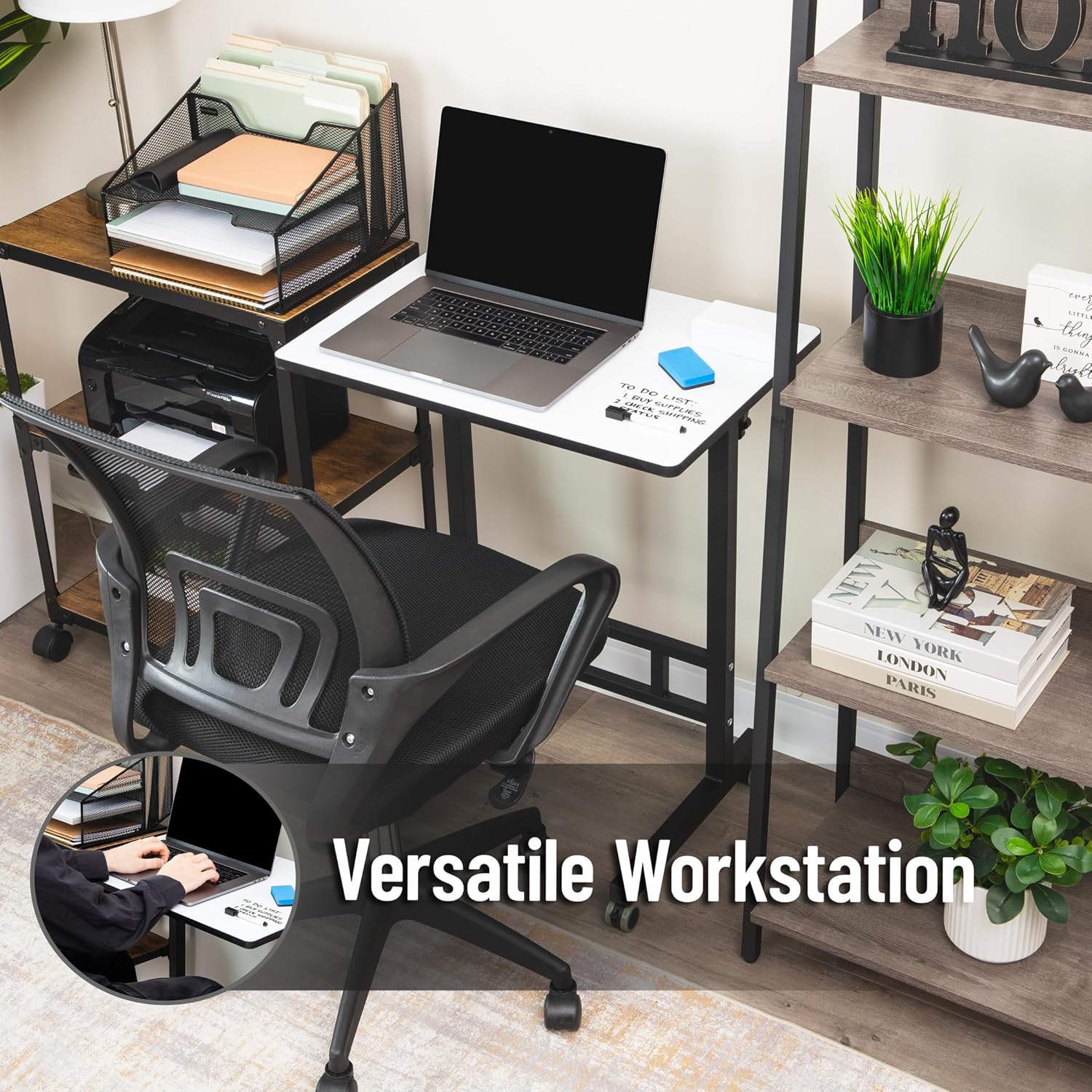 Mind Reader Standing Whiteboard Desk, Adjustable Height, Computer Desk, Laptop Desk, Portable, Rolling, 21" L x 21.5" W x 68.5" H, White