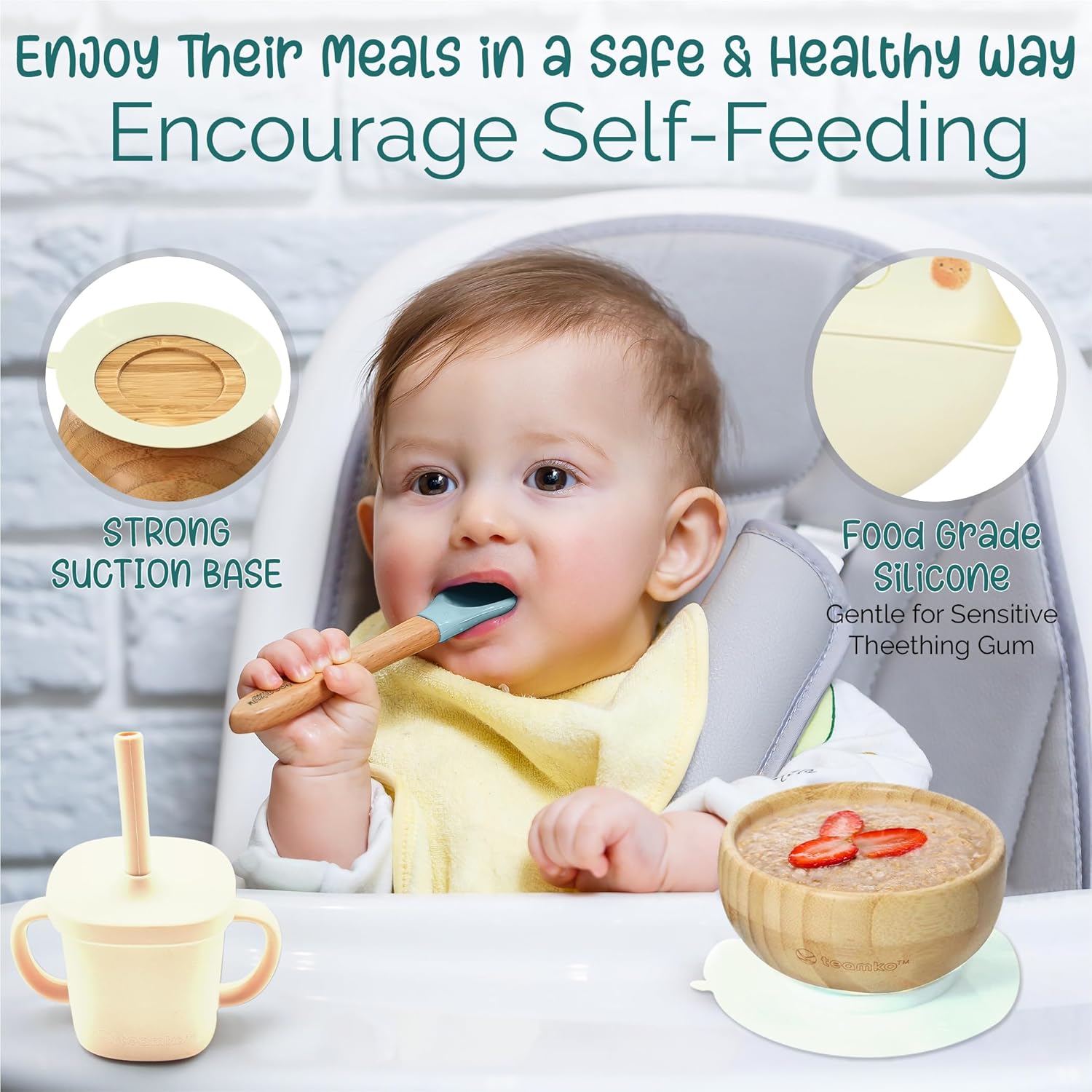 TEAMKO® Silicone Baby Feeding Set: Bamboo Baby Plate and Bowl, Bib, Utensils, Cup & Placemat - Bamboo Kids Plates - Ideal for Baby Led Weaning + Nutritional Guide