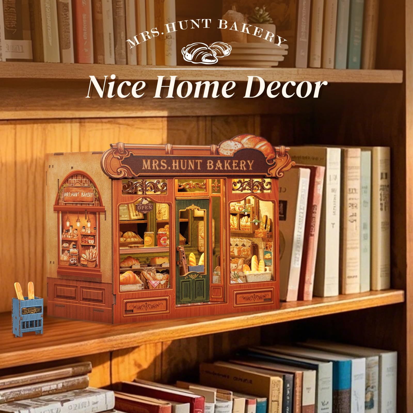 Cutefun DIY Case delle bambole Book Nook Model Kit, Reggilibri Scaffale Inserto Decorazione con Luce LED,Kit di Costruzione di Modellini in Legno per (MRS.HUNT BAKERY)
