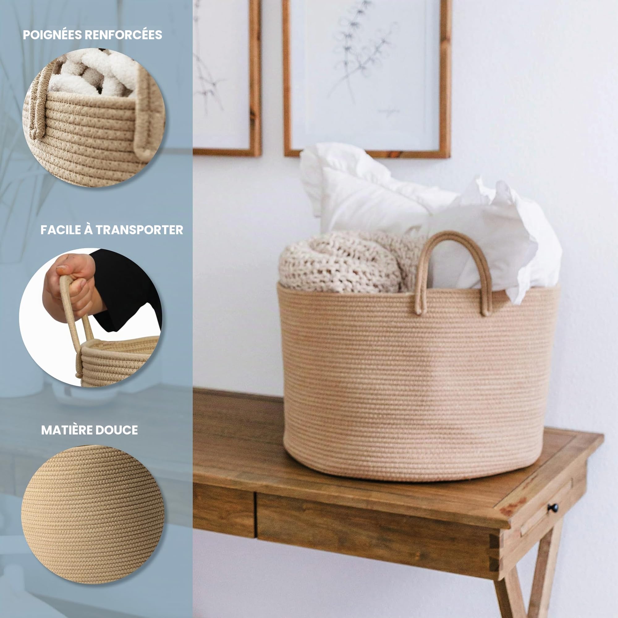 OrganiHaus panier rangement 50x33 cm miel, corde de coton, bac à linge sale, jouets ou vêtements, panier déco pour salon ou chambre d'enfant