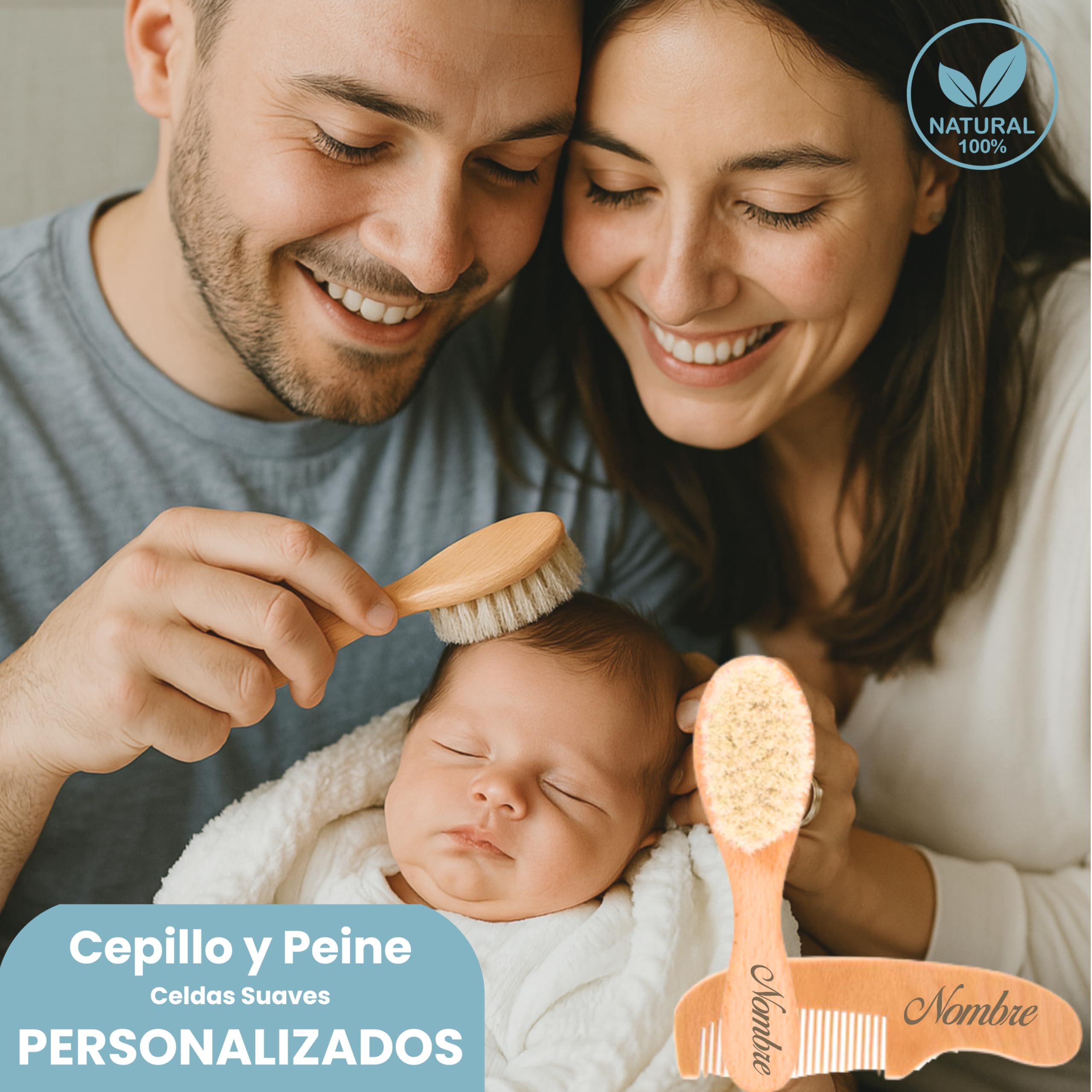 Canastilla Bebé Recién Nacido Soft And Happy (Beige) | Canastilla unisex con manta bordada con nombre, dou dou conejito, muselina, cepillo y peine y pastel de pañales.