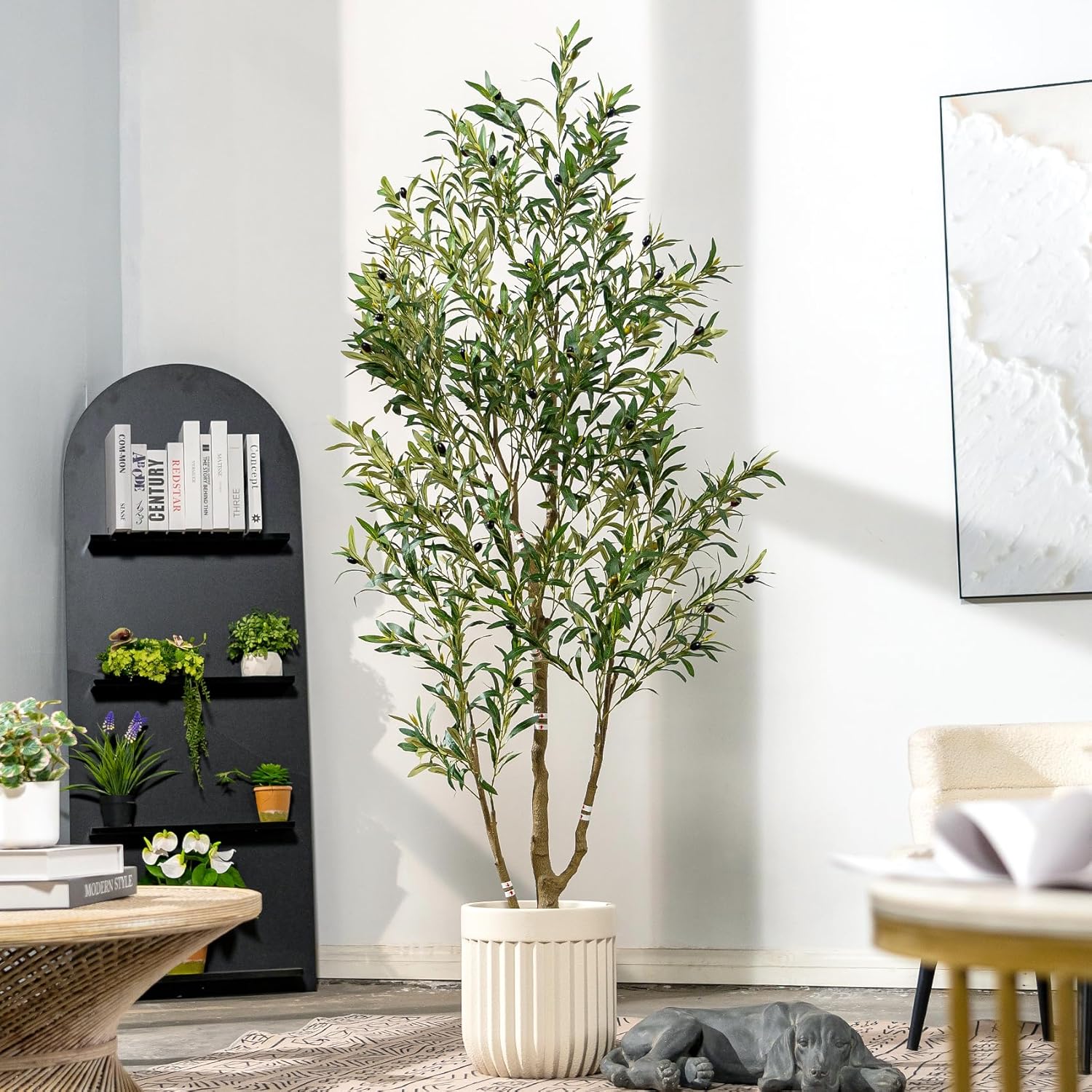 6ft Faux Olive Tree with White Pot & Moss, Artificial Olive Tree Indoor Outdoor, PE/PVC Leaves, Realistic Resin Trunk Large Fake Olive Tree Artificial Plants Indoor, Faux Plants Indoor for Home Decor
