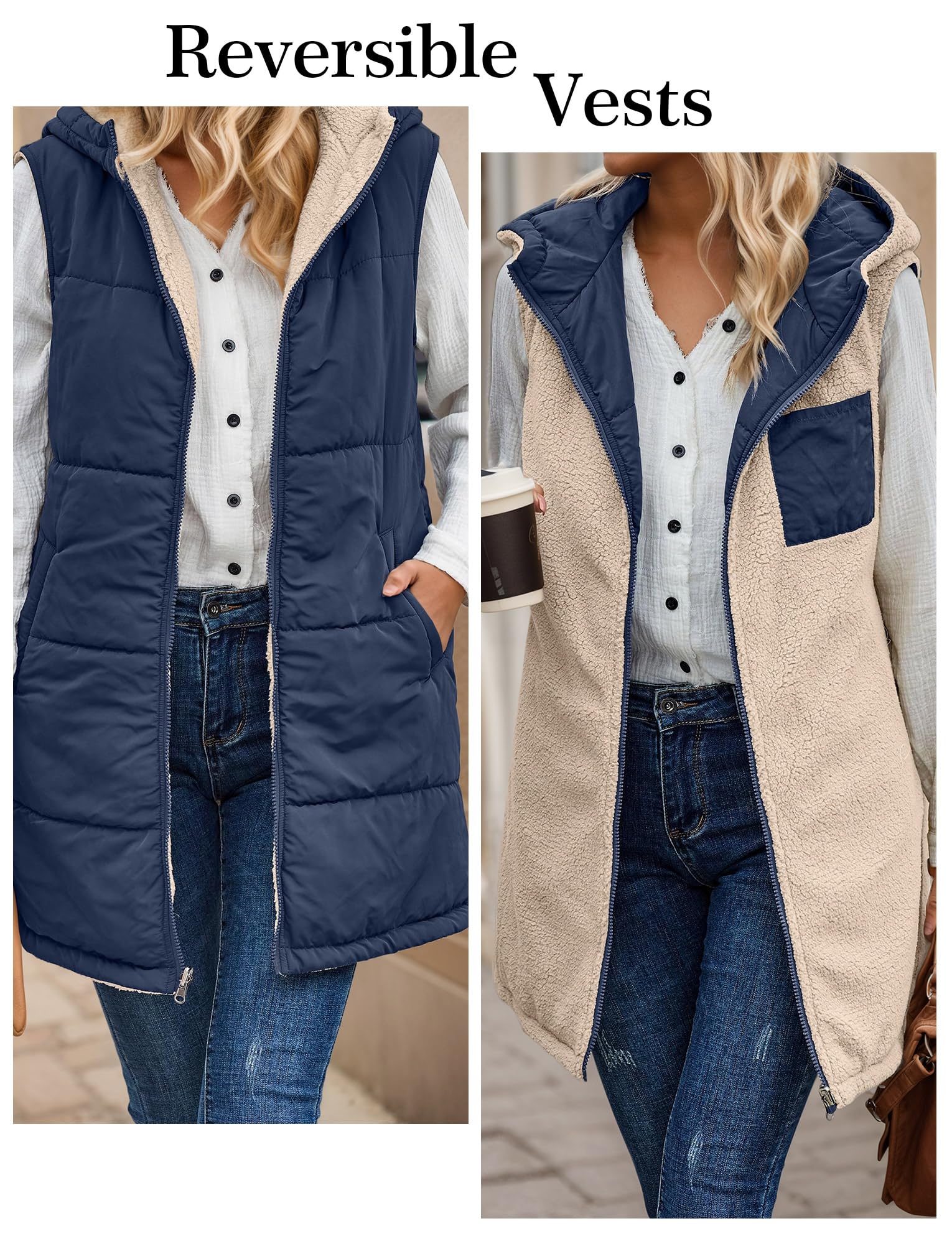 Maeau - Manteau Sans Manches Femmes à Capuche Mi-Long Chaud Veste Réversible Polaire avec Poches S-3XL