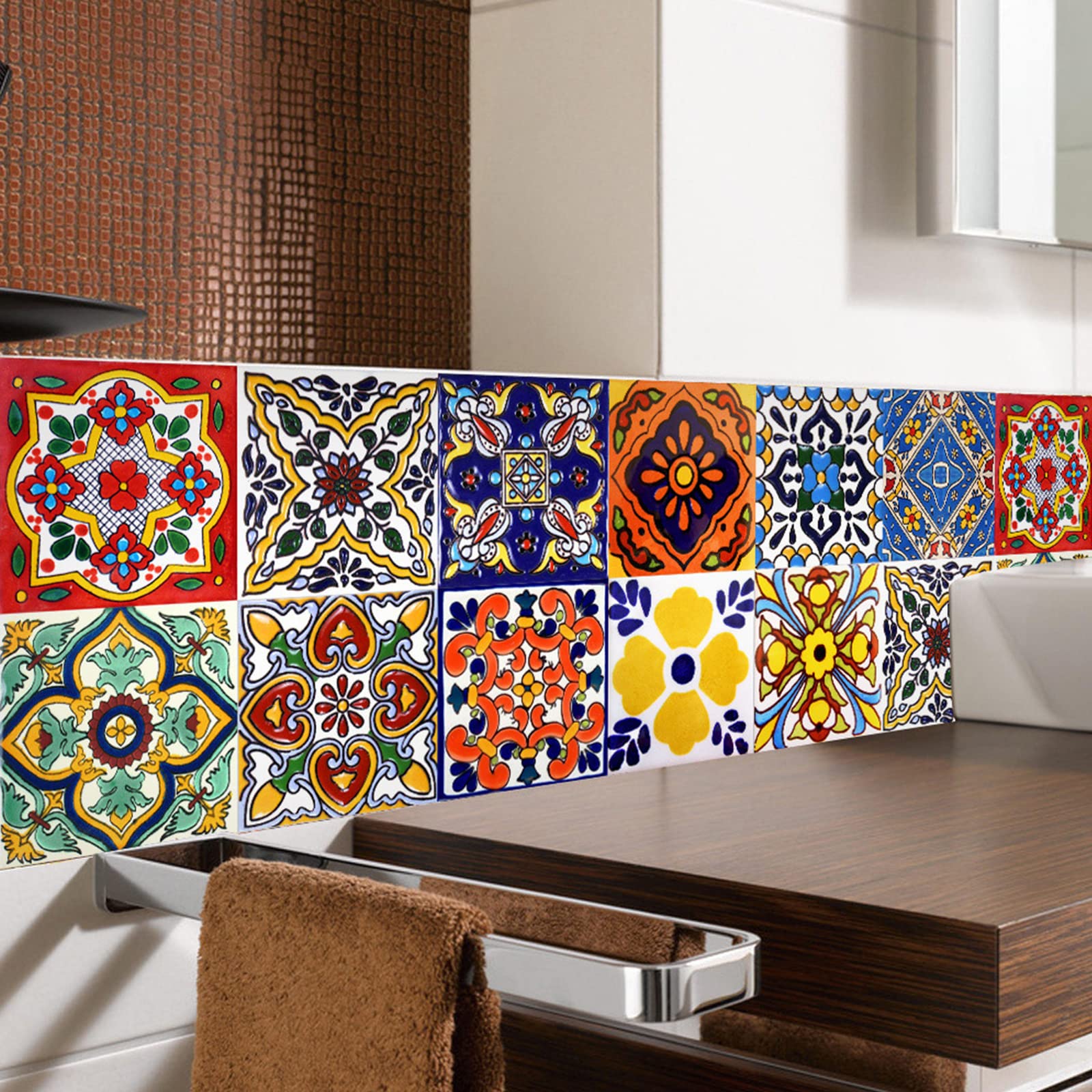 kyaoayo Lot de 24 carreaux mexicains, designs marocains, décoration de carrelage de salle de bain et de cuisine, douche, escaliers, crédence de cuisine (10 x 10 cm)