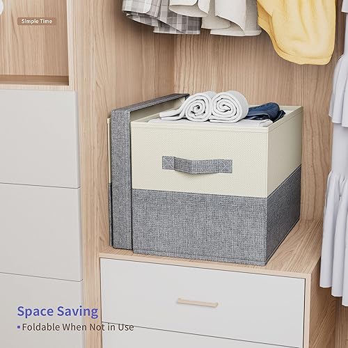 Miniatura 4 de Contenedores de almacenamiento grandes de tela con tapas, paquete de 3 unidades, plegables, organizadores de armario de lino y almacenamiento,