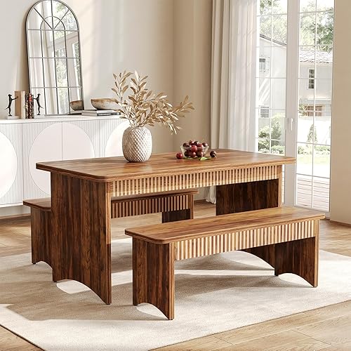 Miniatura 10 de LITTLE TREE Mesa de comedor de 55 pulgadas con 2 bancos, juego de mesa de comedor para 4-6 personas, mesa de cocina de granja con banco, juego de