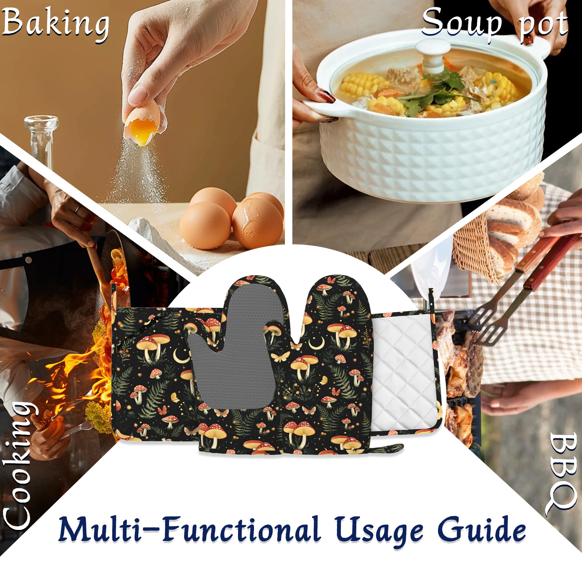 Boho Pilze Ofenhandschuhe und Topflappen Sets von 4 Wildblumen Schmetterling Hitzebeständige Silikon Ofenhandschuhe Handschuhe Rutschfeste Küchenhandschuhe Topflappen zum Kochen Backen Grillen BBQ