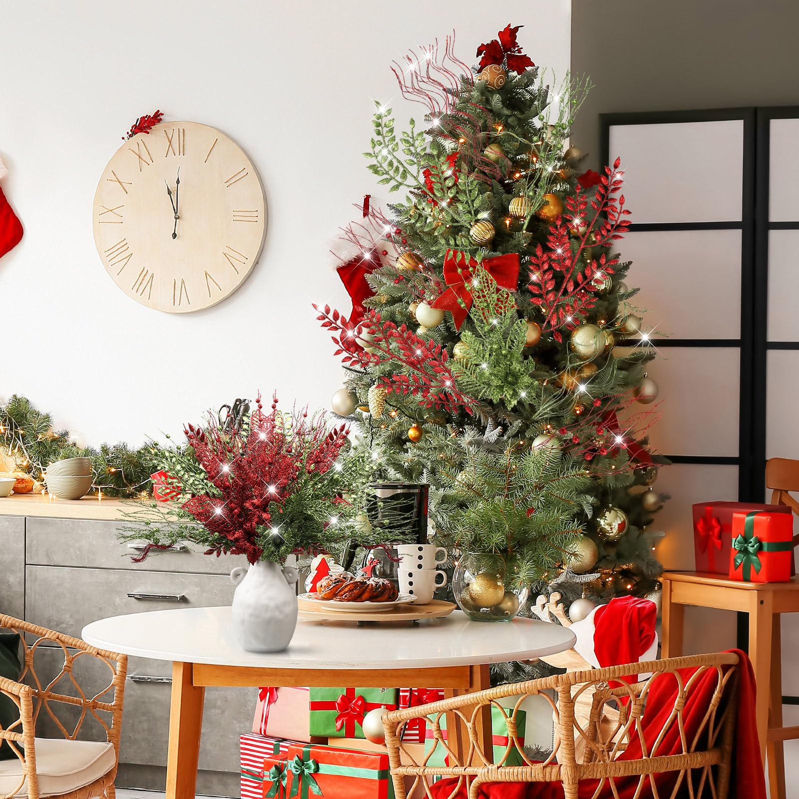 Thiccywoov Künstliche Glitzer-Beerenstiele, Ornamente, 44 cm, künstliche Weihnachtsspieße mit Weihnachtsstern, dekorativ, Glitzer-Beerenstäbchen, Zweig für Weihnachtsbaum, DIY-Kranz (Rot Grün)