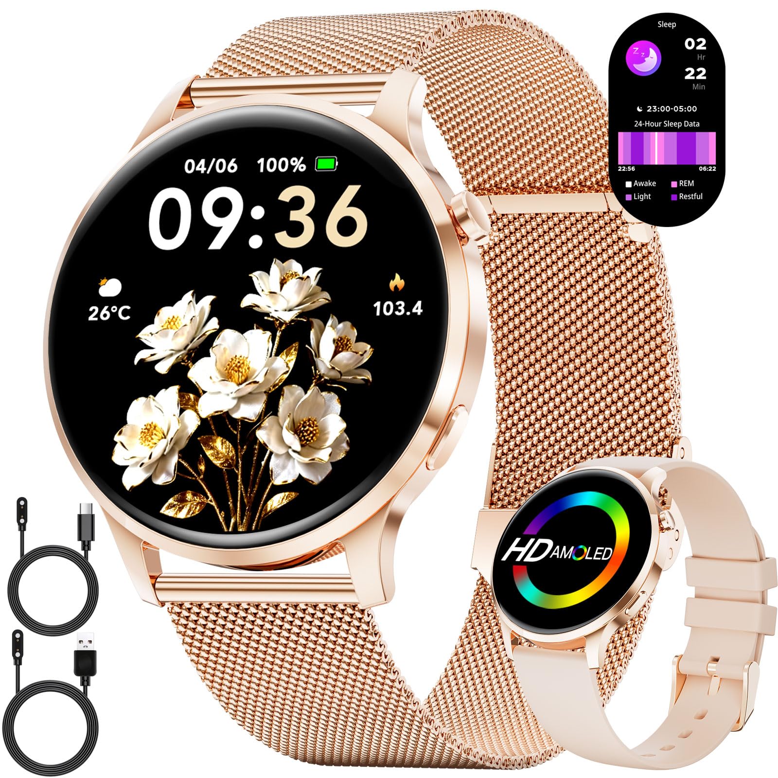 LIGE Montre Connectée Femme Ronde avec Fonction Téléphone 7,9 mm Fine 1,32" AMOLED Élégant Smartwatch pour Android iOS, Fitness Tracker avec Moniteur de Fréquence Cardiaque et de Sommeil,Or Rose