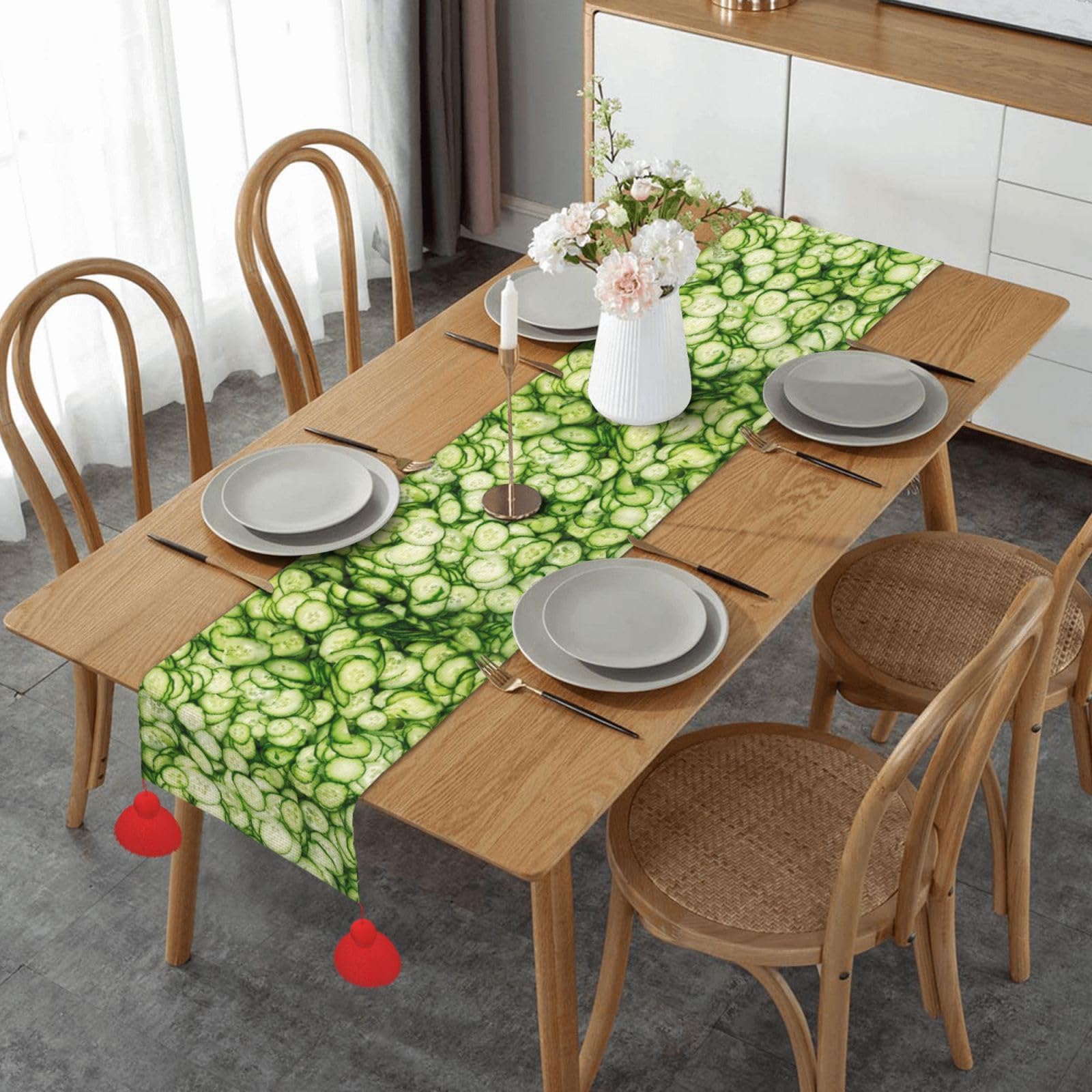 Chemin de table de Noël decoration interieur avec pompon 152cm