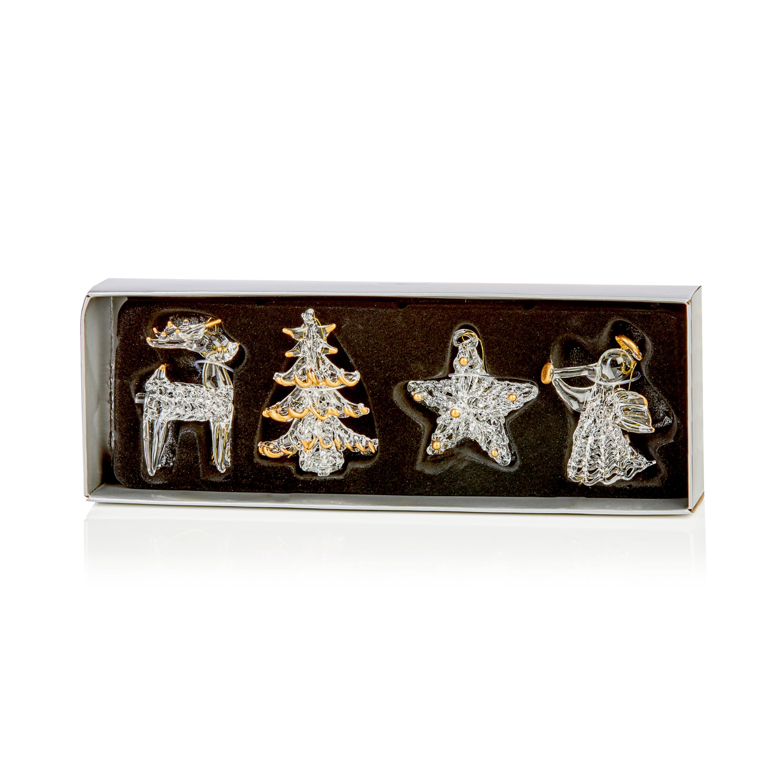 PremierLuxury Glass Christmas Hanging Decorations - Set of 4 - Angel, Reindeer, Star, Tree Ornaments - 5cm Baubles
