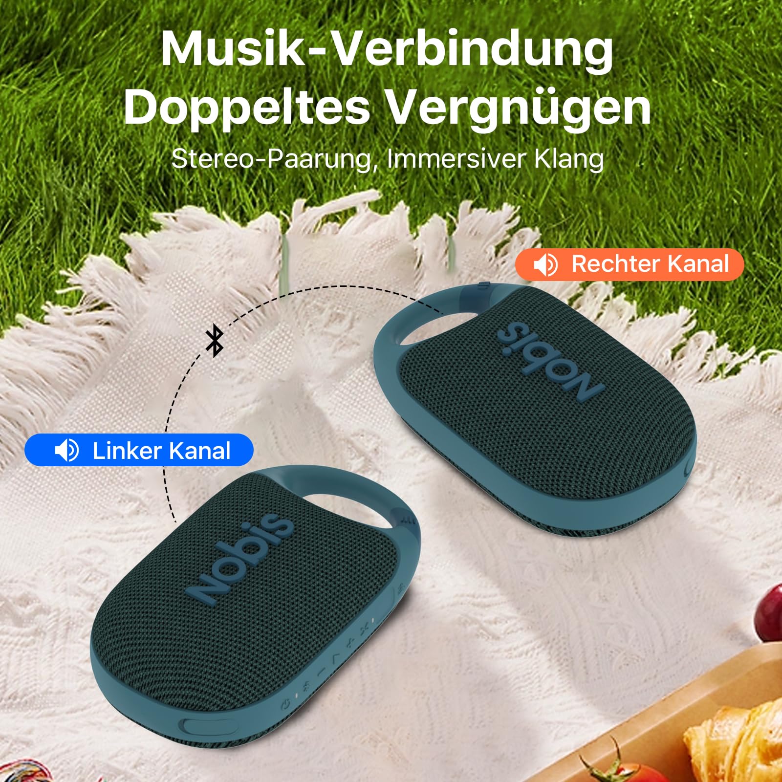 NOBIS Clip N1 Tragbarer Bluetooth Lautsprecher mit App, Beat-Modus, bis zu 24 Stunden Spielzeit, IP68 wasserdicht, BT 5.3, HD-Sound, Stereo-Paarung, Custom EQ, perfekt für Outdoor (Blau)