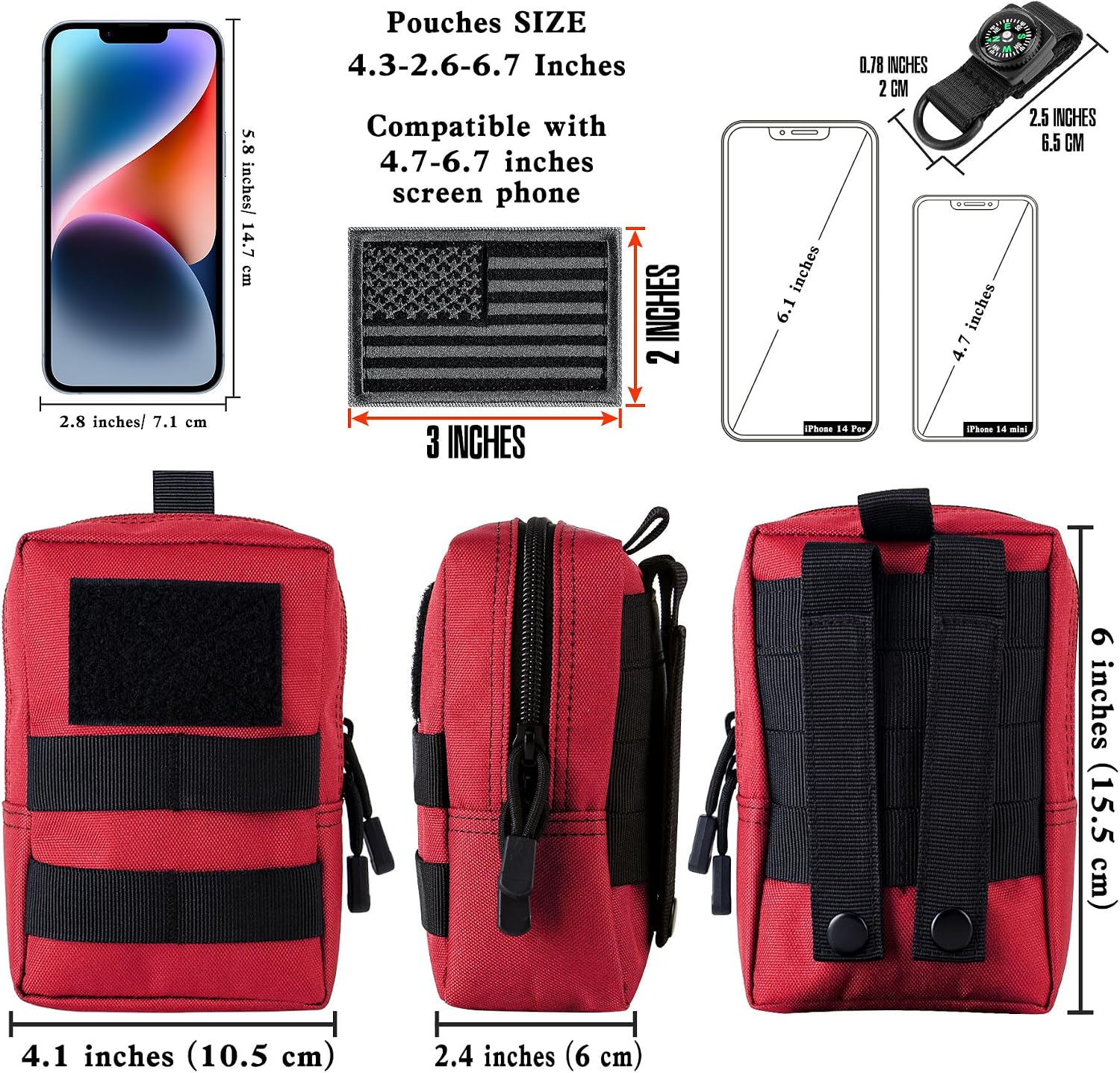 bvya Tactical Molle Pouch Multi-Purpose Compact Waist Pack Water-Resistant Small Utility EDC Pouch with Flag Patch for Molle Backpack, Mini Compass Included image 2
