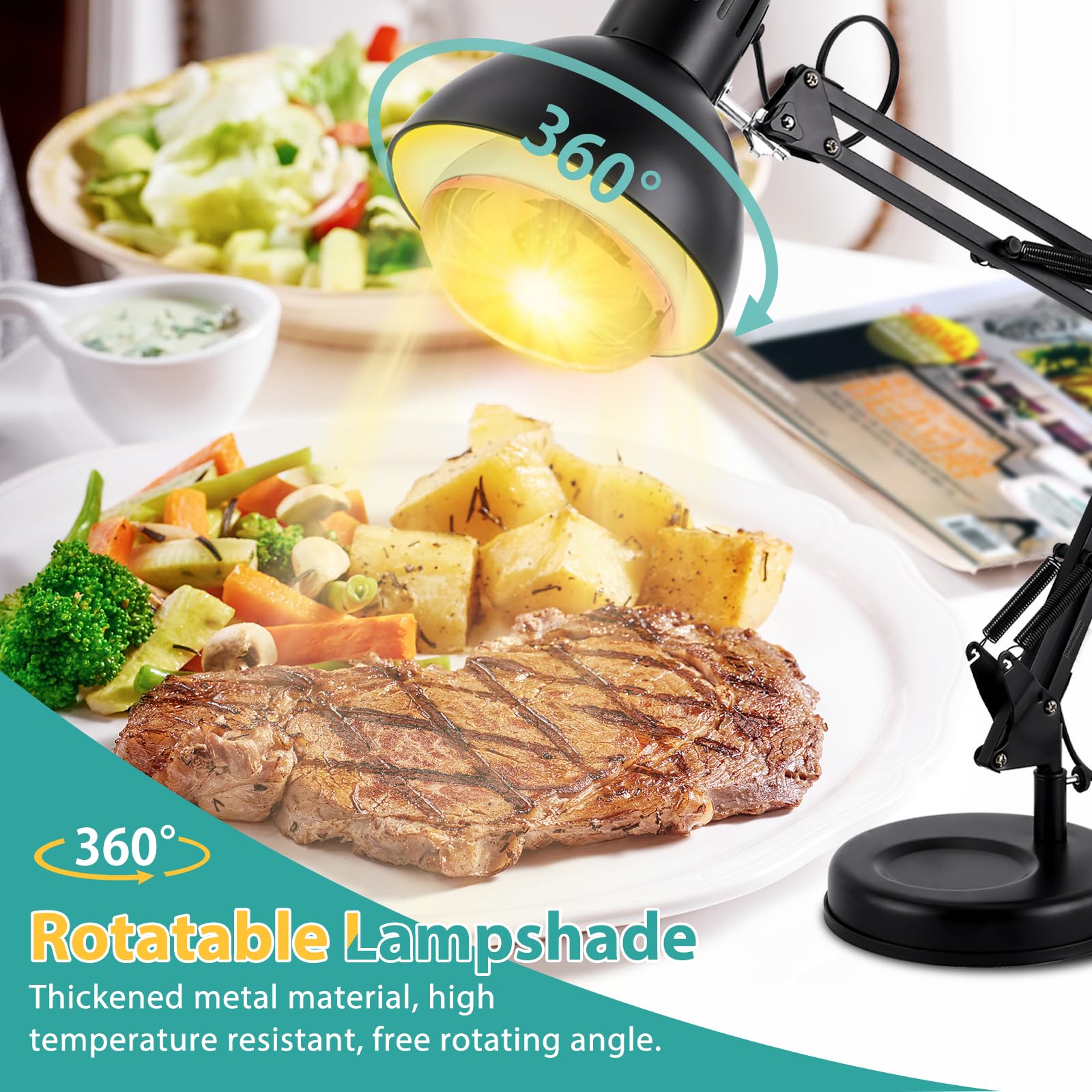YJINGRUI Lampada termica da cucina, a infrarossi, girevole a 360°, 250 W | con controllo della temperatura e braccio pieghevole, ideale per buffet, buffet, ristoranti e cucina domestica.