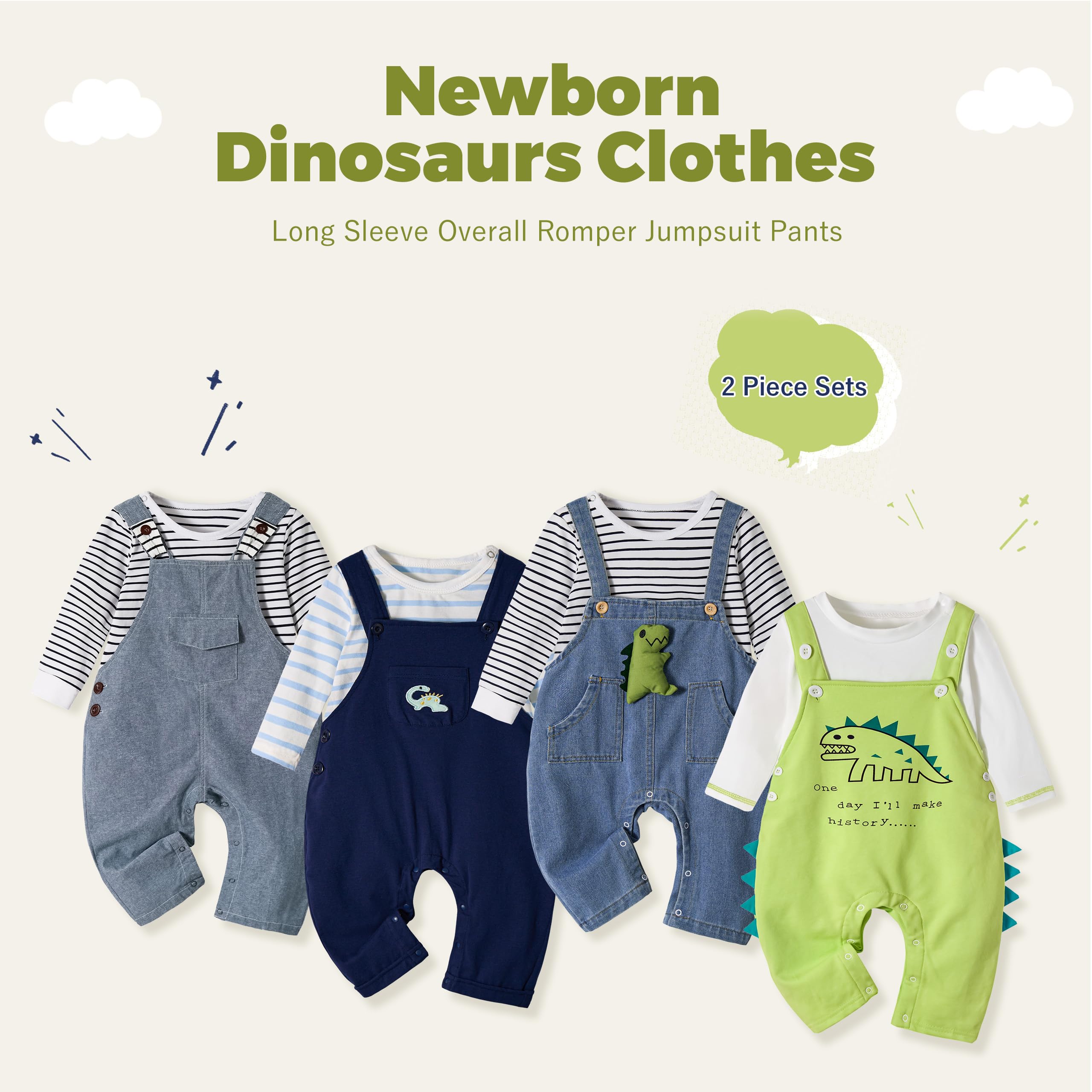 Volunboy Ropa de Bebé Recien Nacido Dinosaurio Conjunto para Niño Niña Body de Manga Larga Mono de Trabajo 2 Piezas