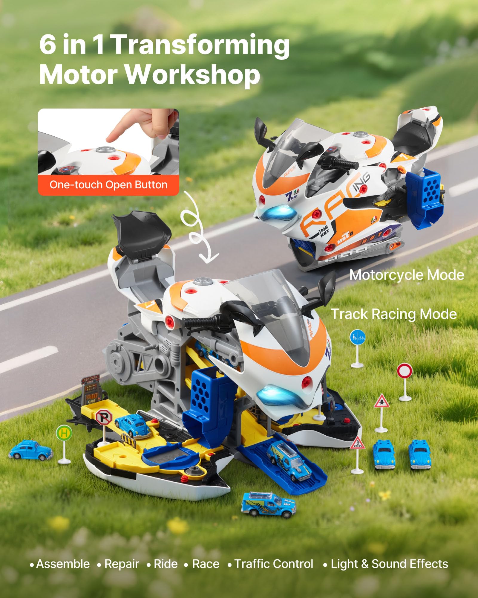 VEVOR Juguete de Motor de Motocicleta, 25 uds Mecánica de Motocicletas con Piezas Extraíbles, Luces y Sonidos, Simulación de Conducción y Carreras en Pista, a Niños a Partir de 3 Años, Amarillo