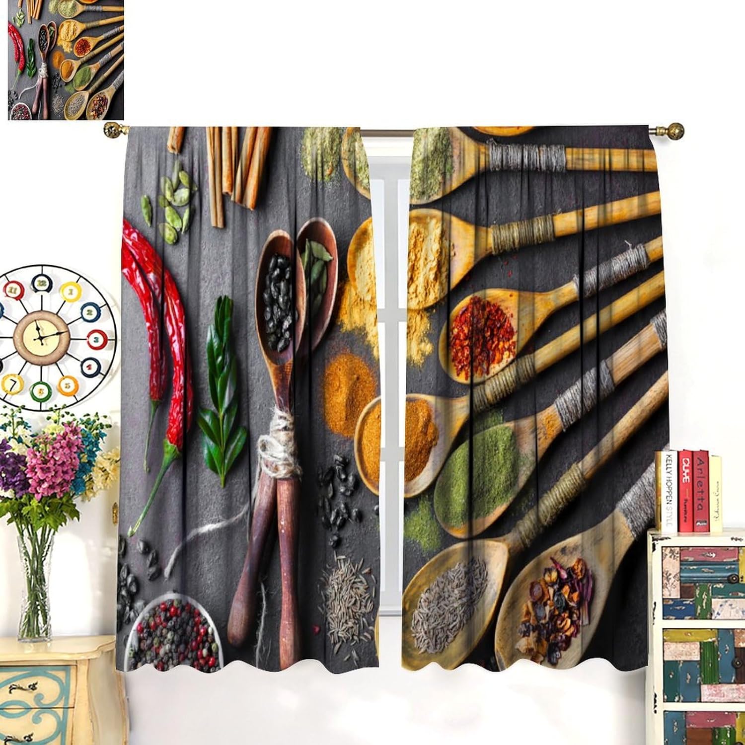 Seasoning Kitchen Curtains Colorful Rustic Spice Spoon Pattern Blackout Print Rod Pocket Window Drapes for Bedroom Living Room 72x63in