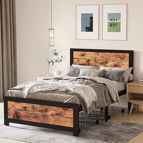 DHMAKER Base de cama individual base de cama de plataforma con cabecera y estribo listones de acero fuertes con soporte industrial de metal con 2